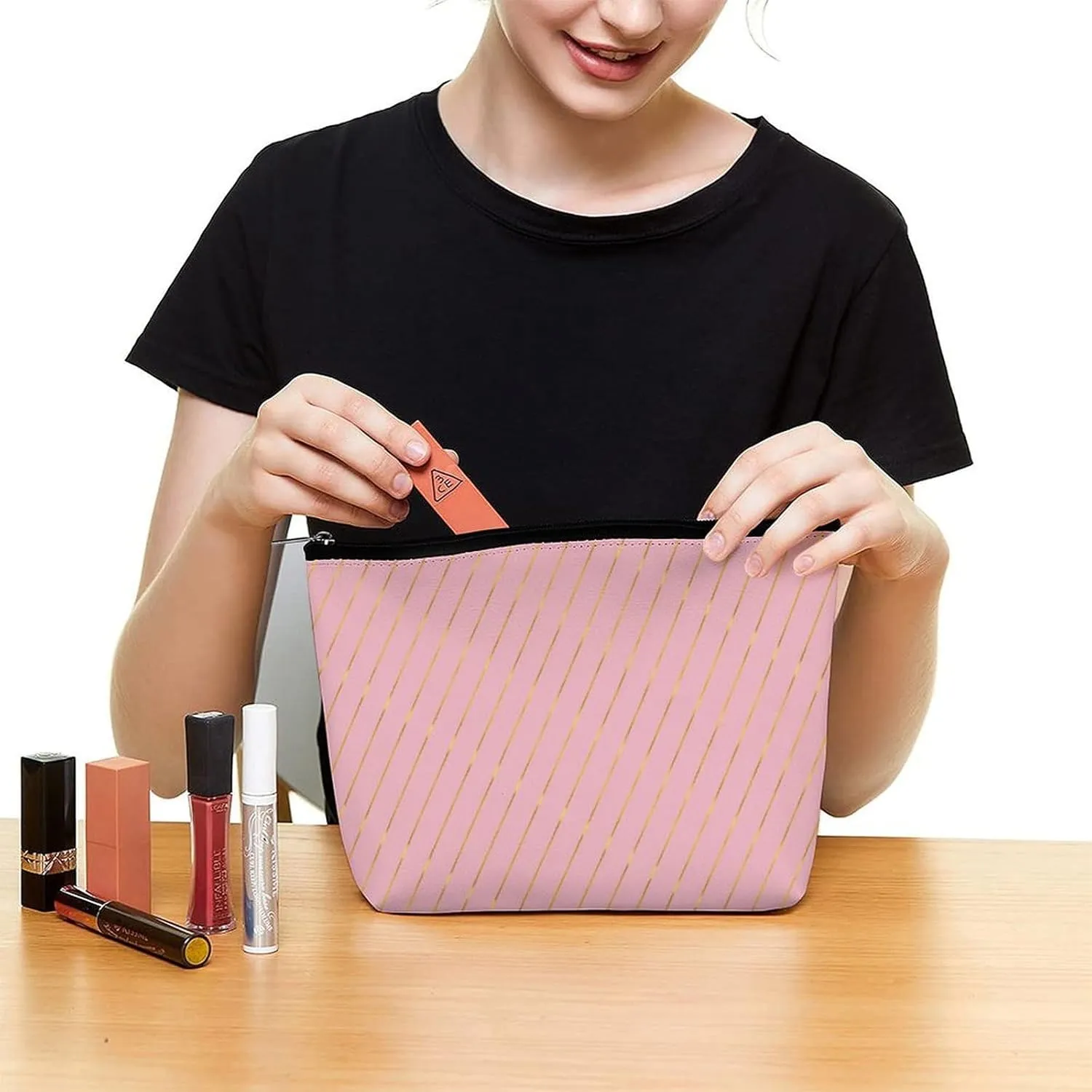Small Cosmetic Bag, Gold Stripes Glam Pink Makeup Bags Elegant Roomy Pouch for Women,Travel Toiletry Accessories Organizer