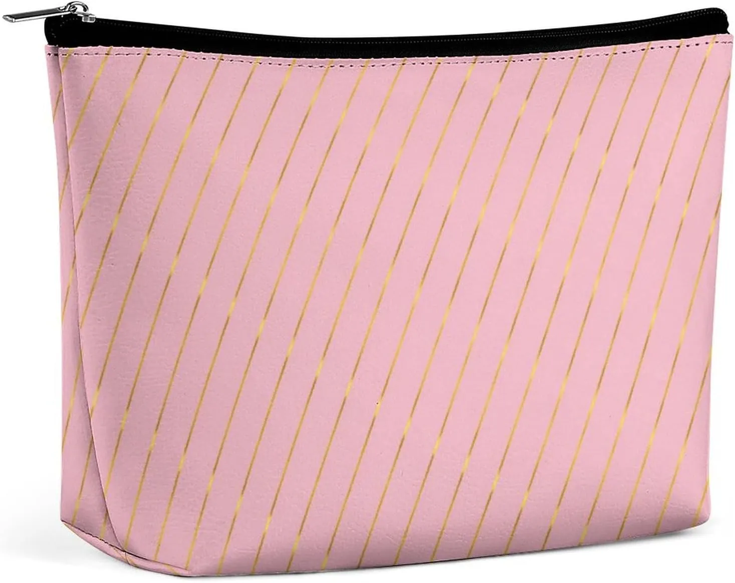 Small Cosmetic Bag, Gold Stripes Glam Pink Makeup Bags Elegant Roomy Pouch for Women,Travel Toiletry Accessories Organizer