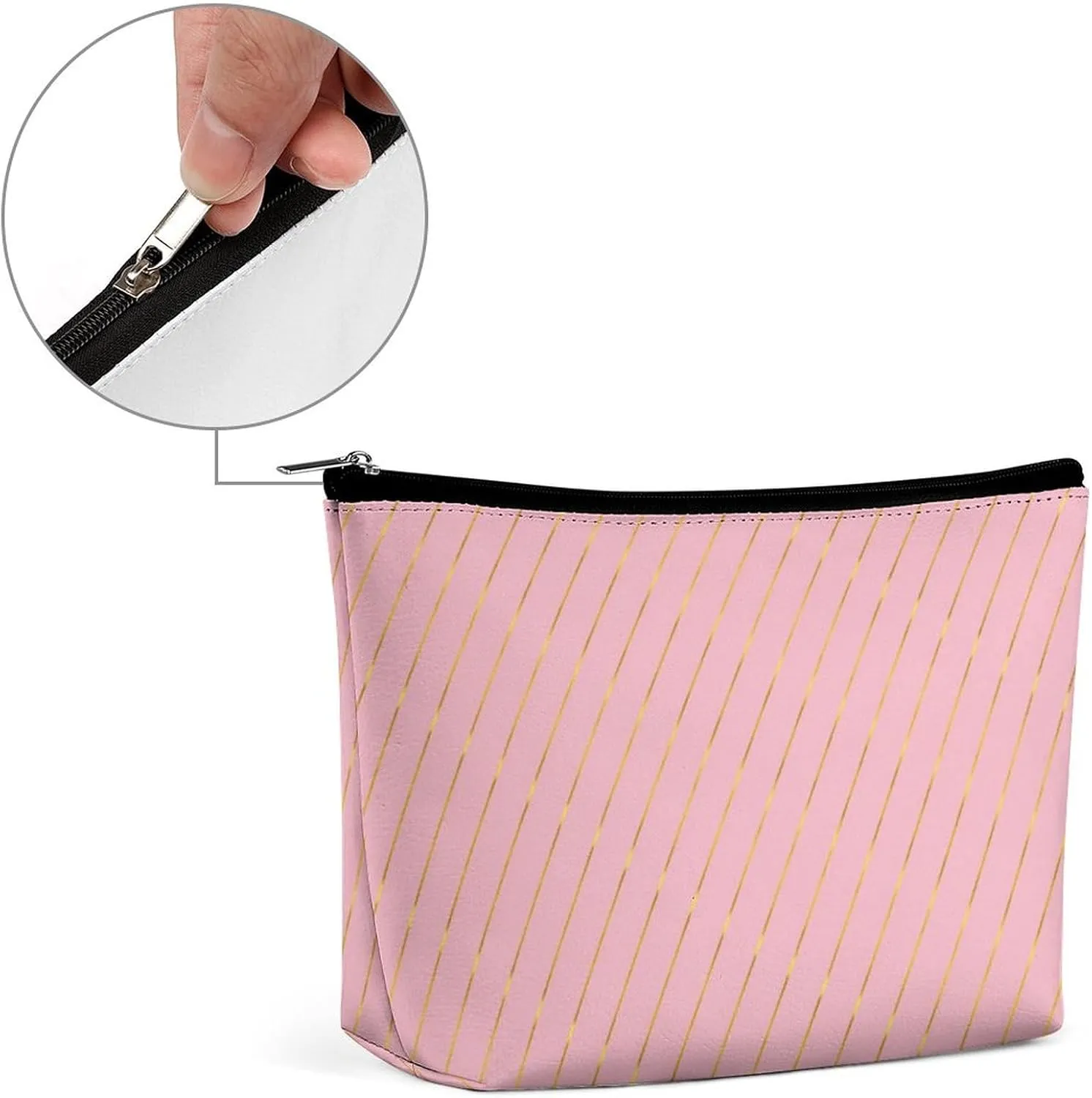 Small Cosmetic Bag, Gold Stripes Glam Pink Makeup Bags Elegant Roomy Pouch for Women,Travel Toiletry Accessories Organizer