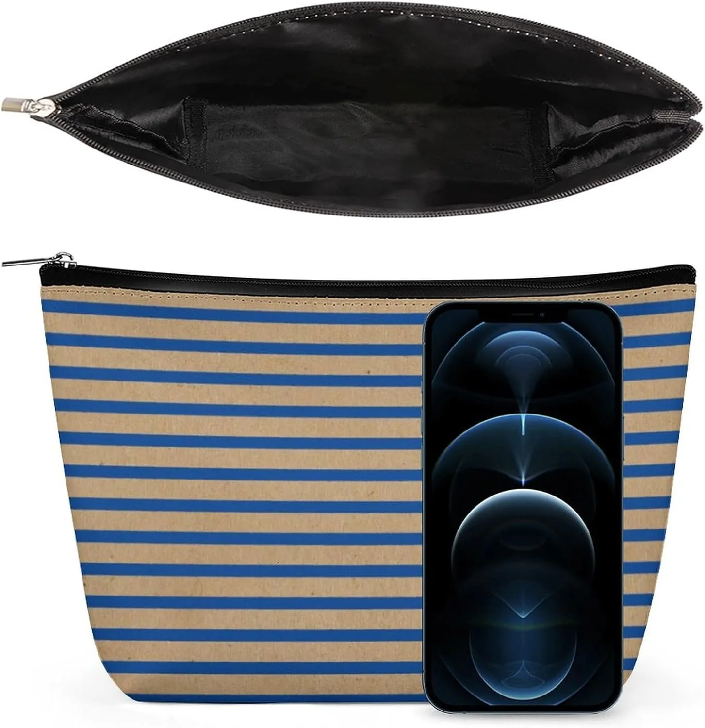 Small Cosmetic Bag, Nautical Navy Blue Lines Faux Rustic Brown Makeup Bags Elegant Roomy Pouch for Women,Travel Toiletry Accessories Organizer
