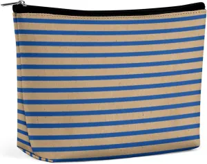 Small Cosmetic Bag, Nautical Navy Blue Lines Faux Rustic Brown Makeup Bags Elegant Roomy Pouch for Women,Travel Toiletry Accessories Organizer