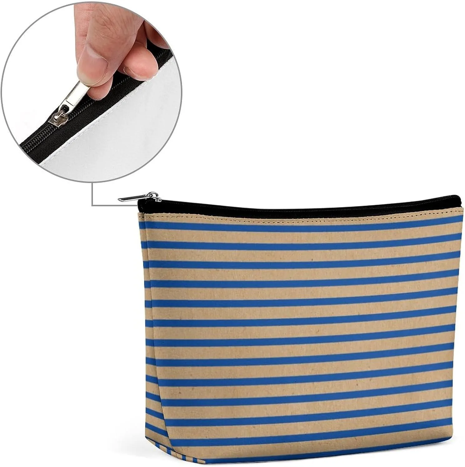 Small Cosmetic Bag, Nautical Navy Blue Lines Faux Rustic Brown Makeup Bags Elegant Roomy Pouch for Women,Travel Toiletry Accessories Organizer