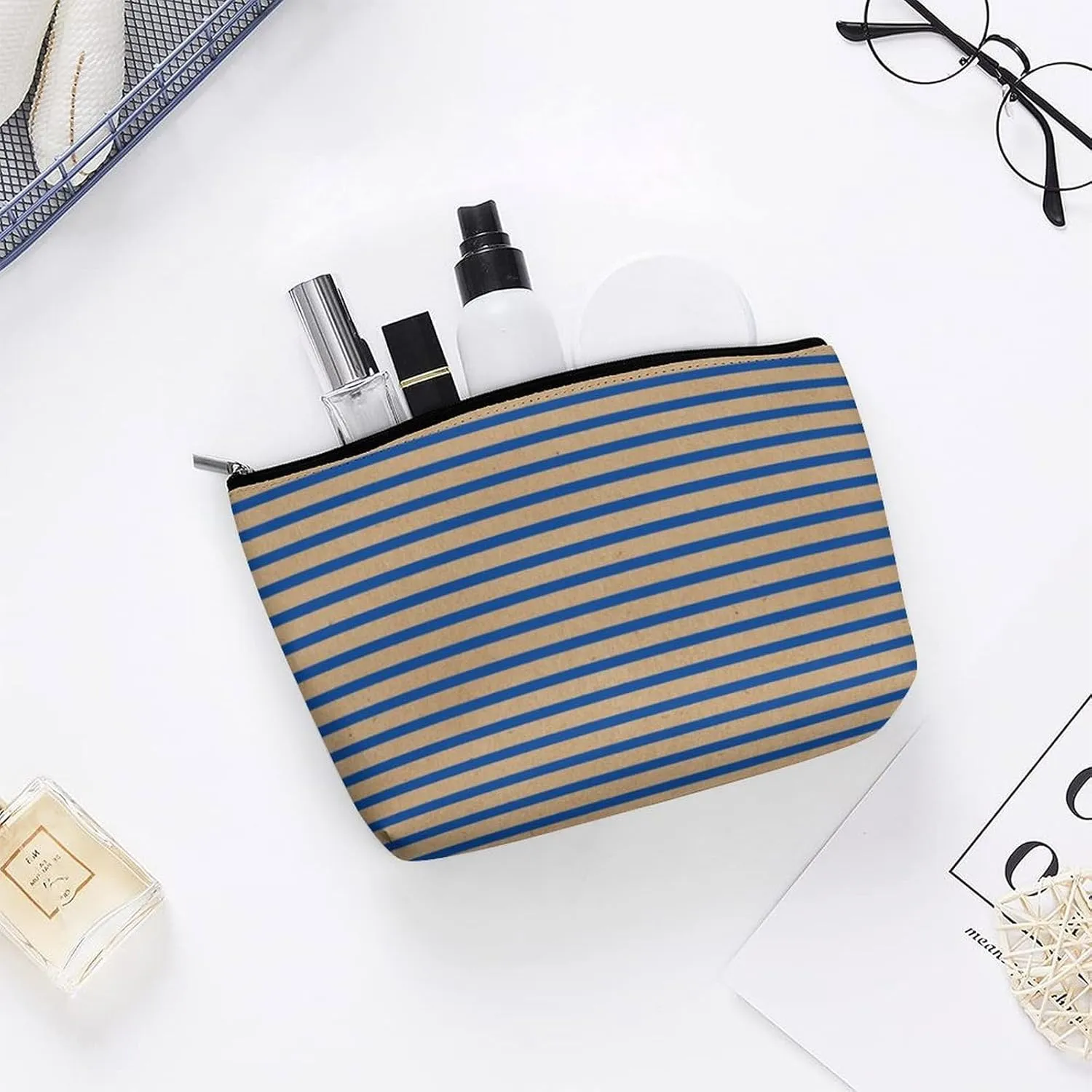 Small Cosmetic Bag, Nautical Navy Blue Lines Faux Rustic Brown Makeup Bags Elegant Roomy Pouch for Women,Travel Toiletry Accessories Organizer