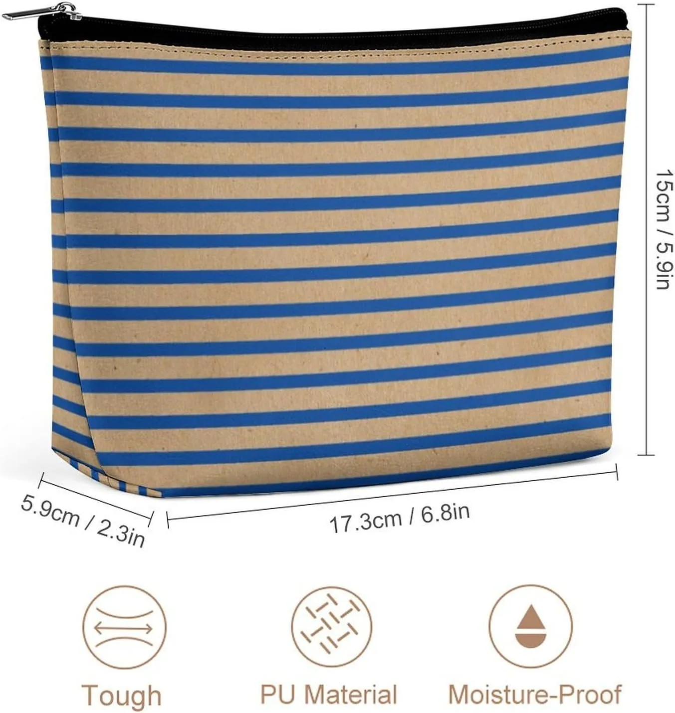 Small Cosmetic Bag, Nautical Navy Blue Lines Faux Rustic Brown Makeup Bags Elegant Roomy Pouch for Women,Travel Toiletry Accessories Organizer