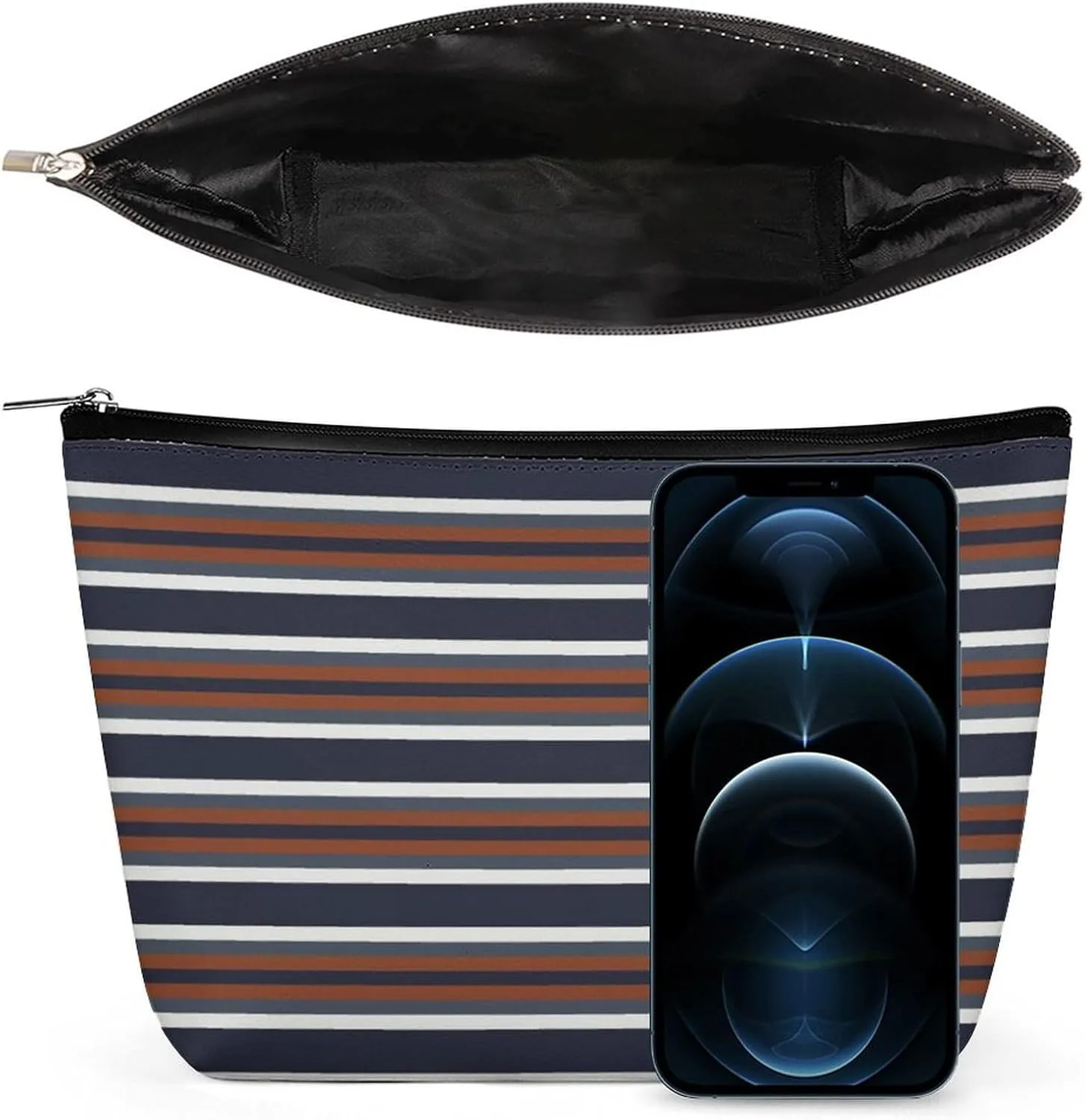 Small Cosmetic Bag, Navy and Rust Stripes Makeup Bags Elegant Roomy Pouch for Women,Travel Toiletry Accessories Organizer