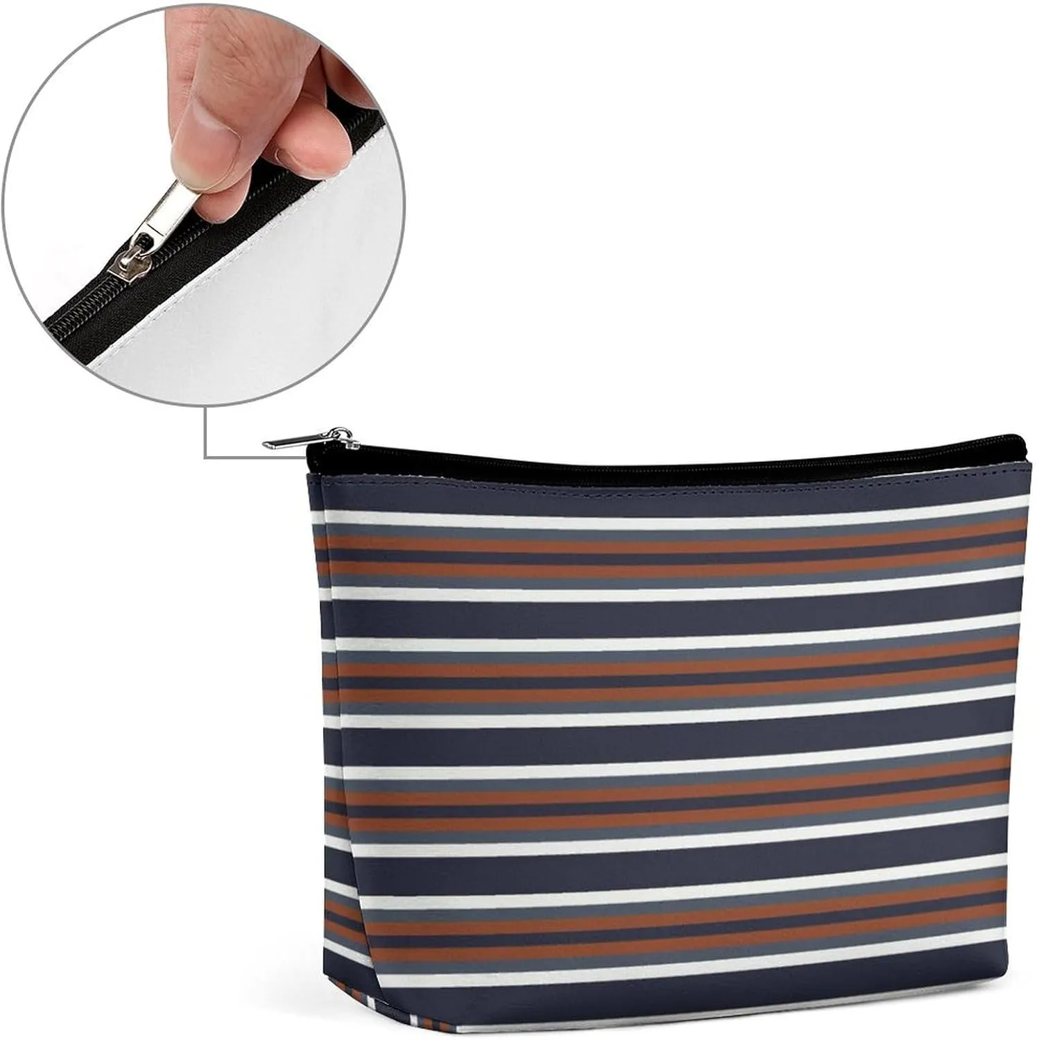 Small Cosmetic Bag, Navy and Rust Stripes Makeup Bags Elegant Roomy Pouch for Women,Travel Toiletry Accessories Organizer