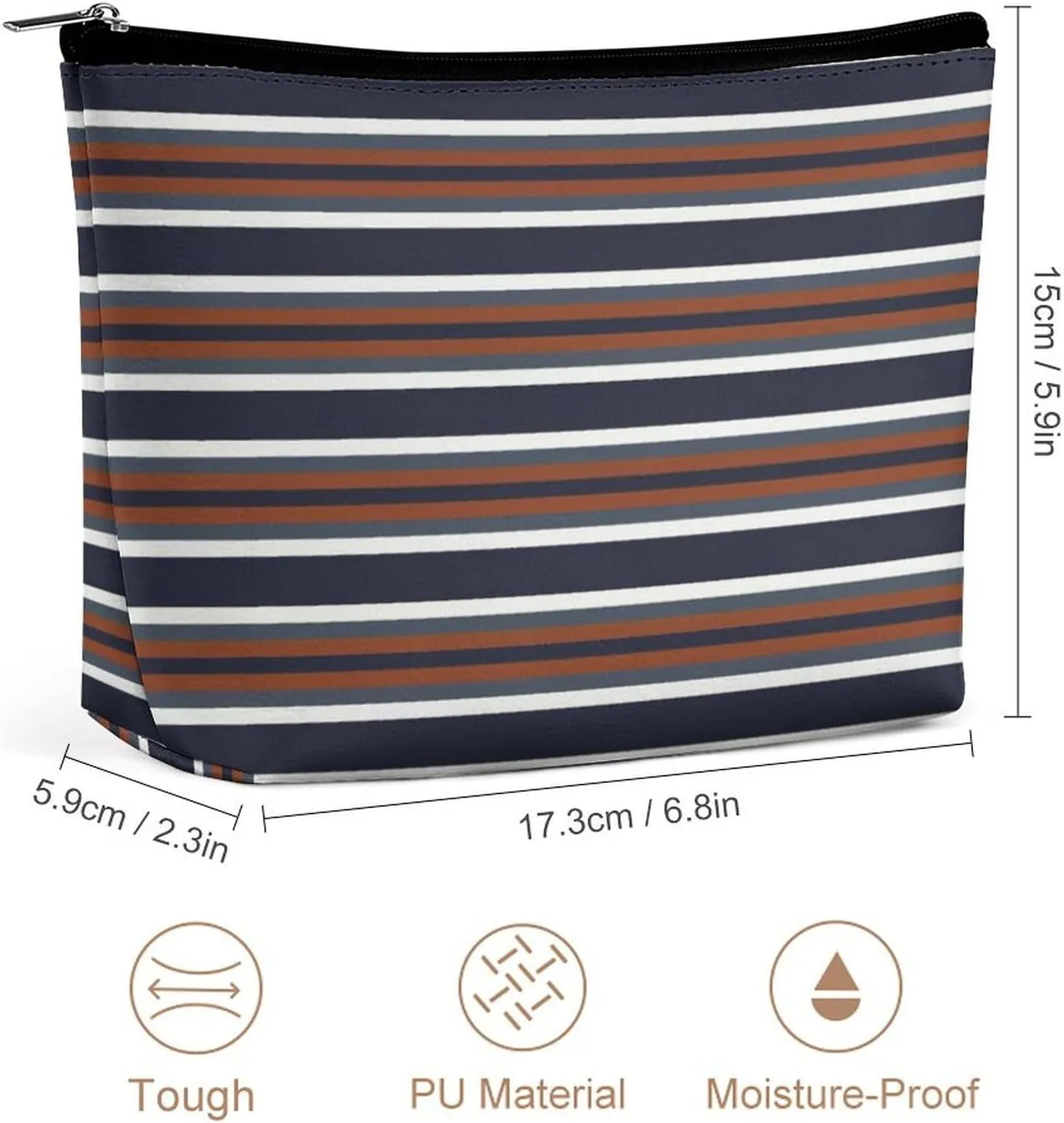 Small Cosmetic Bag, Navy and Rust Stripes Makeup Bags Elegant Roomy Pouch for Women,Travel Toiletry Accessories Organizer