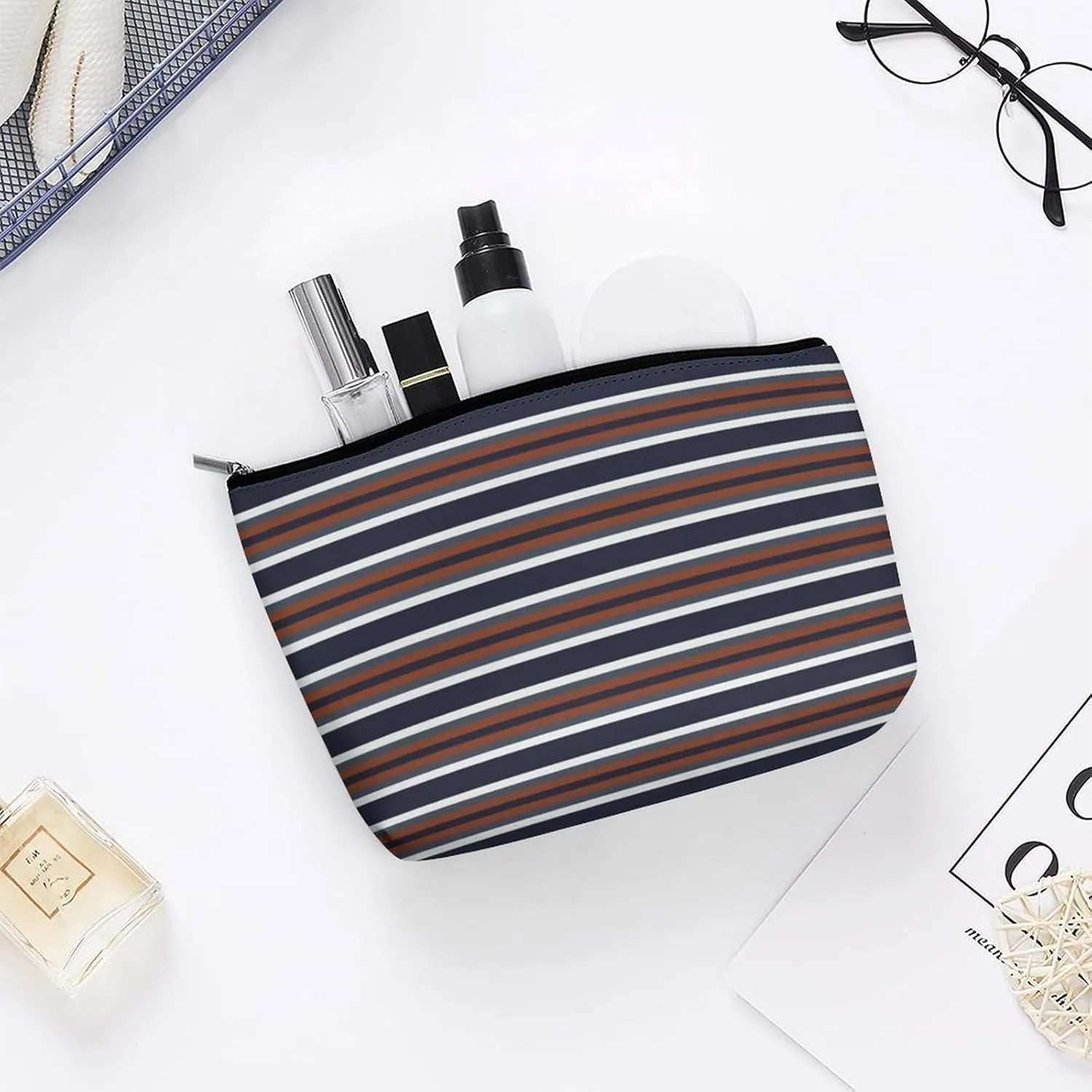 Small Cosmetic Bag, Navy and Rust Stripes Makeup Bags Elegant Roomy Pouch for Women,Travel Toiletry Accessories Organizer