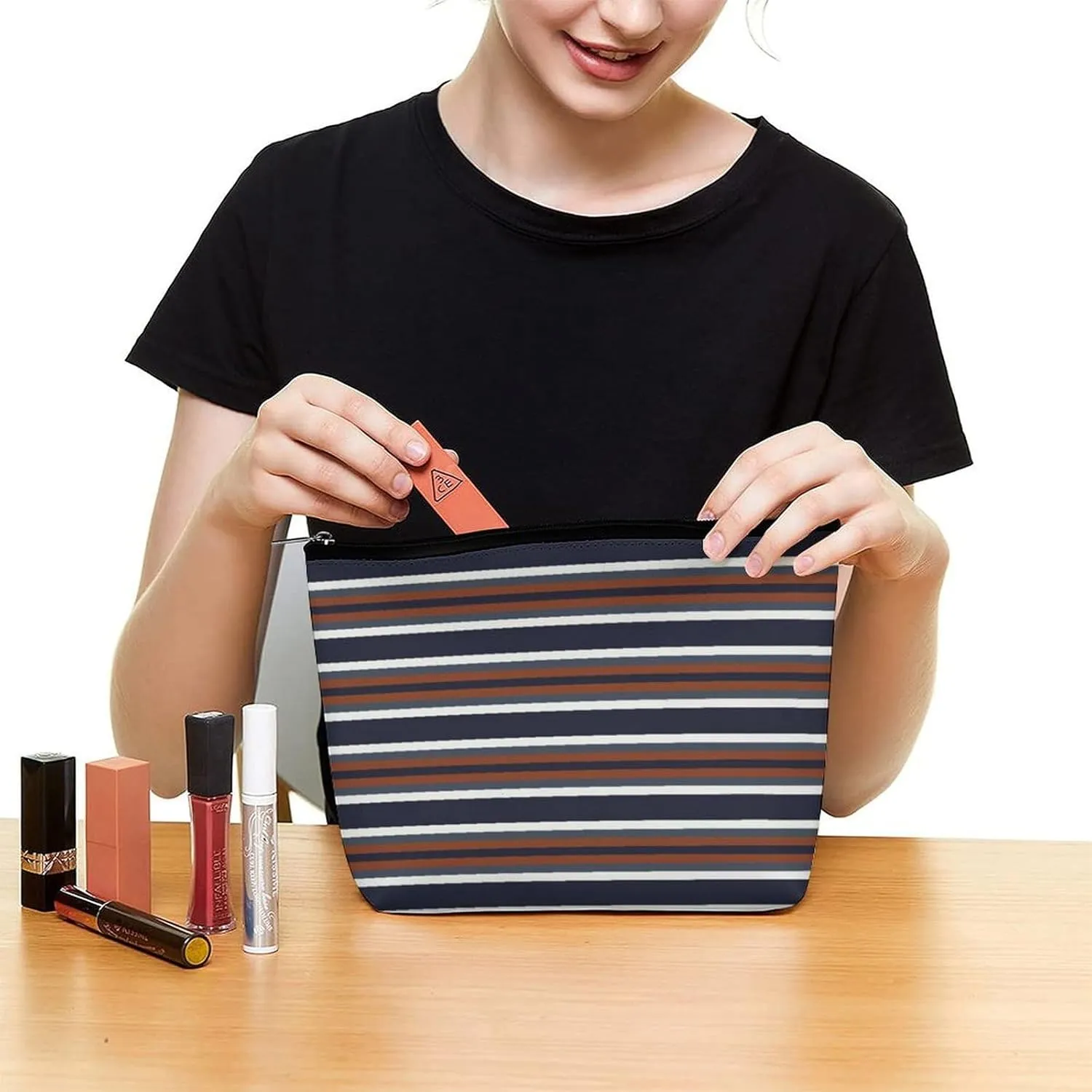 Small Cosmetic Bag, Navy and Rust Stripes Makeup Bags Elegant Roomy Pouch for Women,Travel Toiletry Accessories Organizer