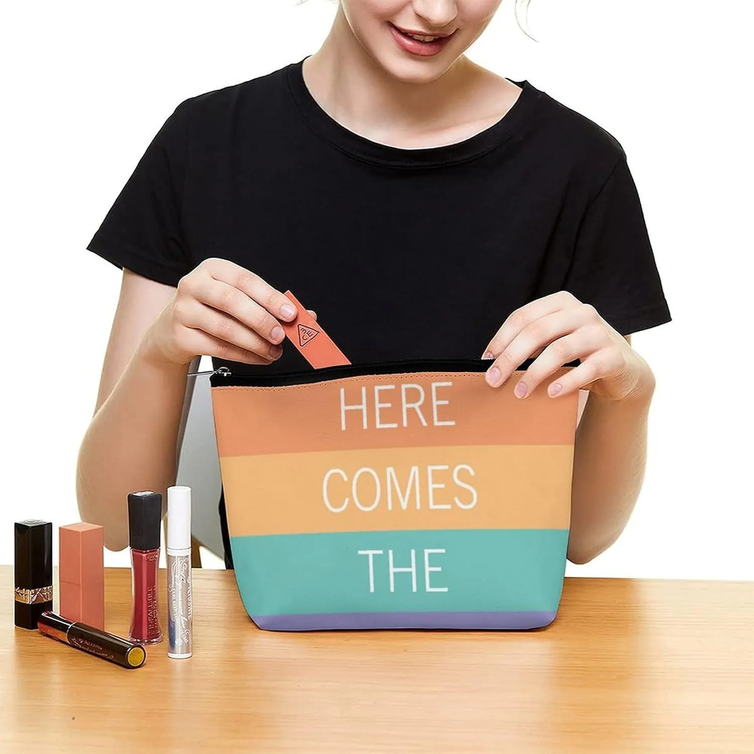 Small Cosmetic Bag, Pink Teal Bright Sunny Summer Stripes Pattern Makeup Bags Elegant Roomy Pouch for Women,Travel Toiletry Accessories Organizer