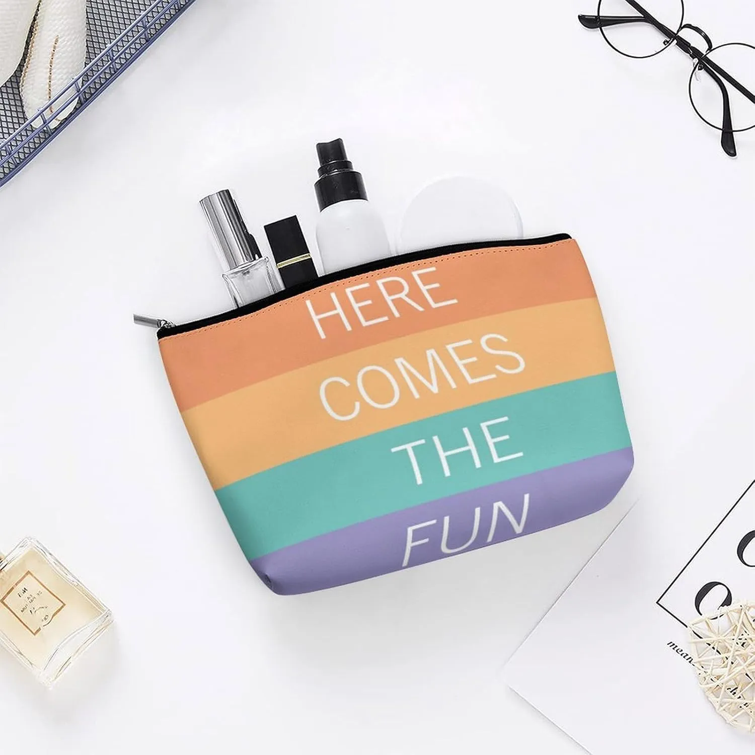 Small Cosmetic Bag, Pink Teal Bright Sunny Summer Stripes Pattern Makeup Bags Elegant Roomy Pouch for Women,Travel Toiletry Accessories Organizer