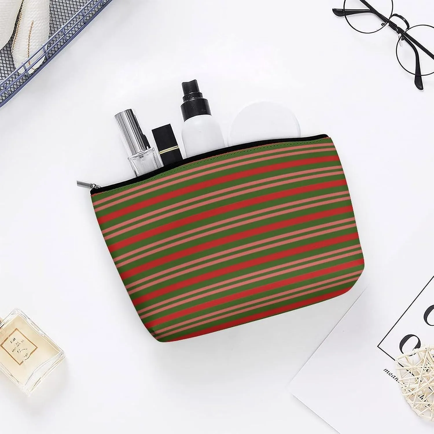 Small Cosmetic Bag, Red and Green Stripes Print Makeup Bags Elegant Roomy Pouch for Women,Travel Toiletry Accessories Organizer
