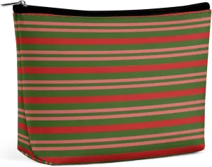 Small Cosmetic Bag, Red and Green Stripes Print Makeup Bags Elegant Roomy Pouch for Women,Travel Toiletry Accessories Organizer