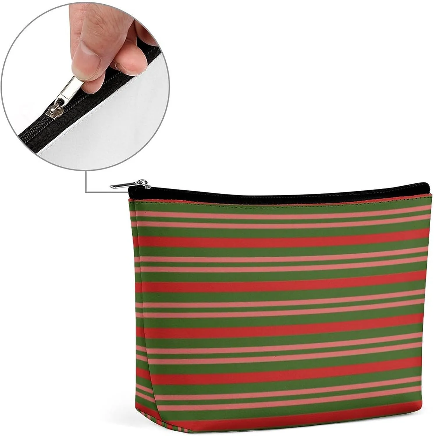 Small Cosmetic Bag, Red and Green Stripes Print Makeup Bags Elegant Roomy Pouch for Women,Travel Toiletry Accessories Organizer