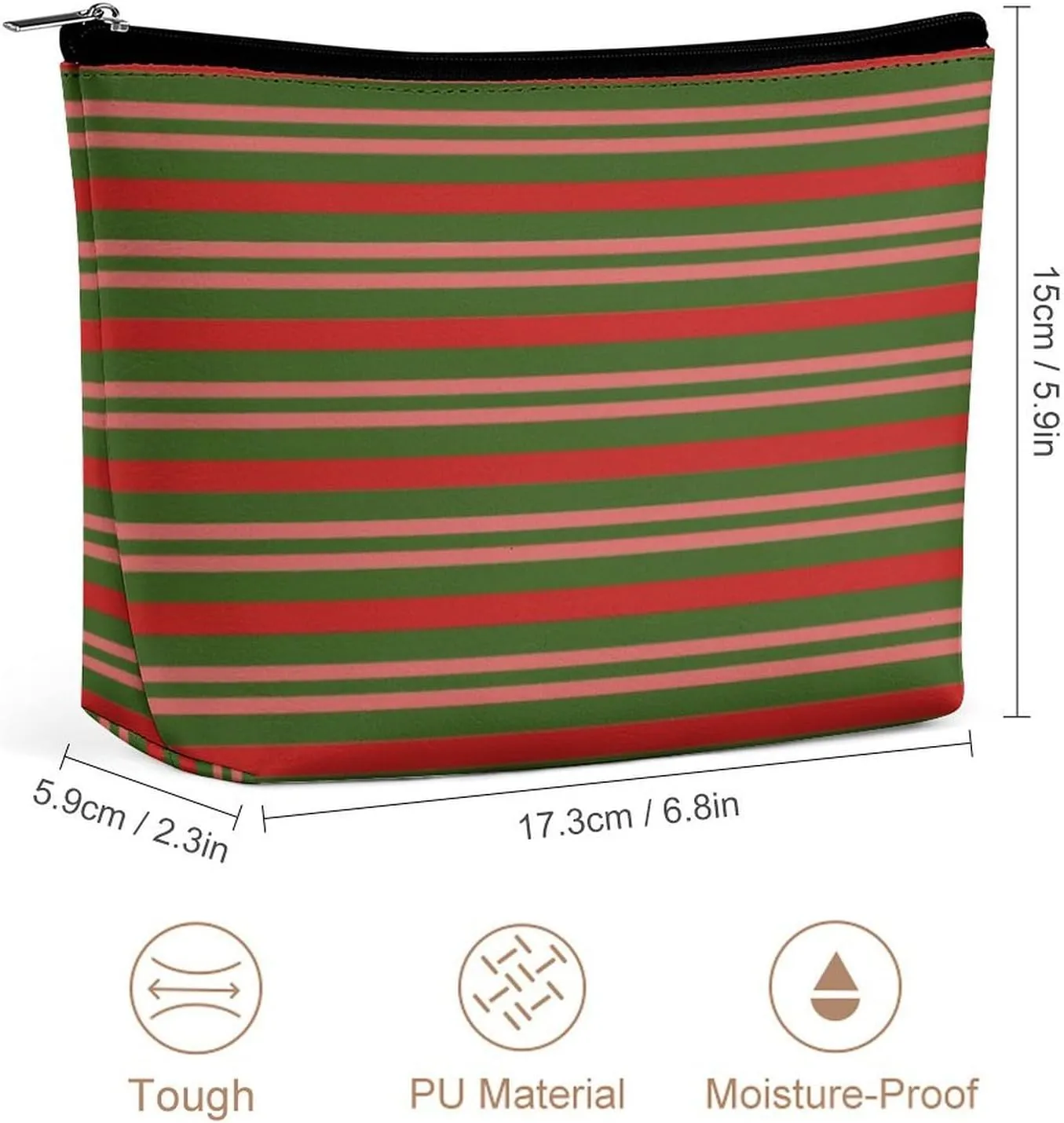 Small Cosmetic Bag, Red and Green Stripes Print Makeup Bags Elegant Roomy Pouch for Women,Travel Toiletry Accessories Organizer