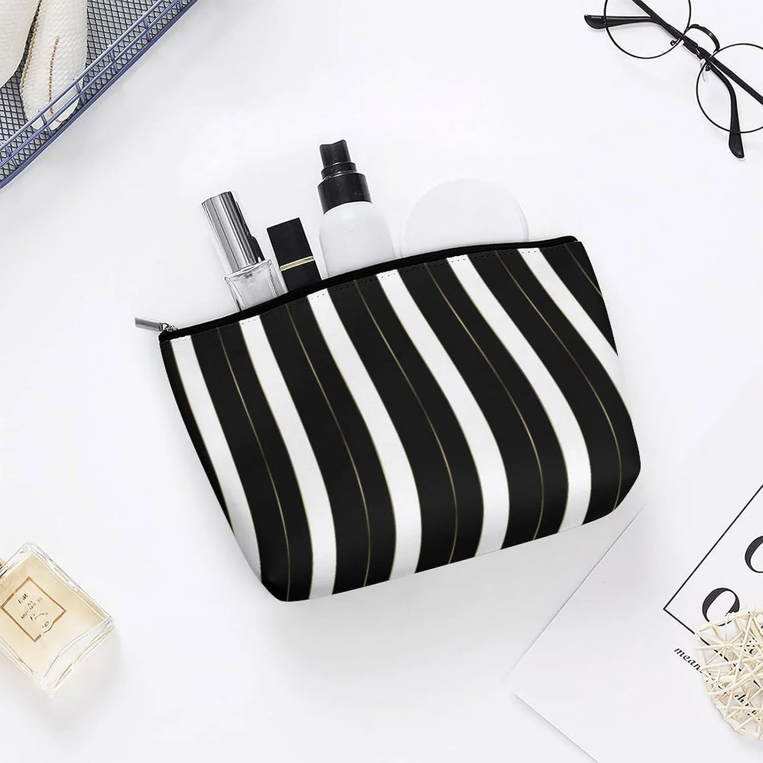 Small Cosmetic Bag, Simple Gold Black and White Geometric Stripes Makeup Bags Elegant Roomy Pouch for Women,Travel Toiletry Accessories Organizer