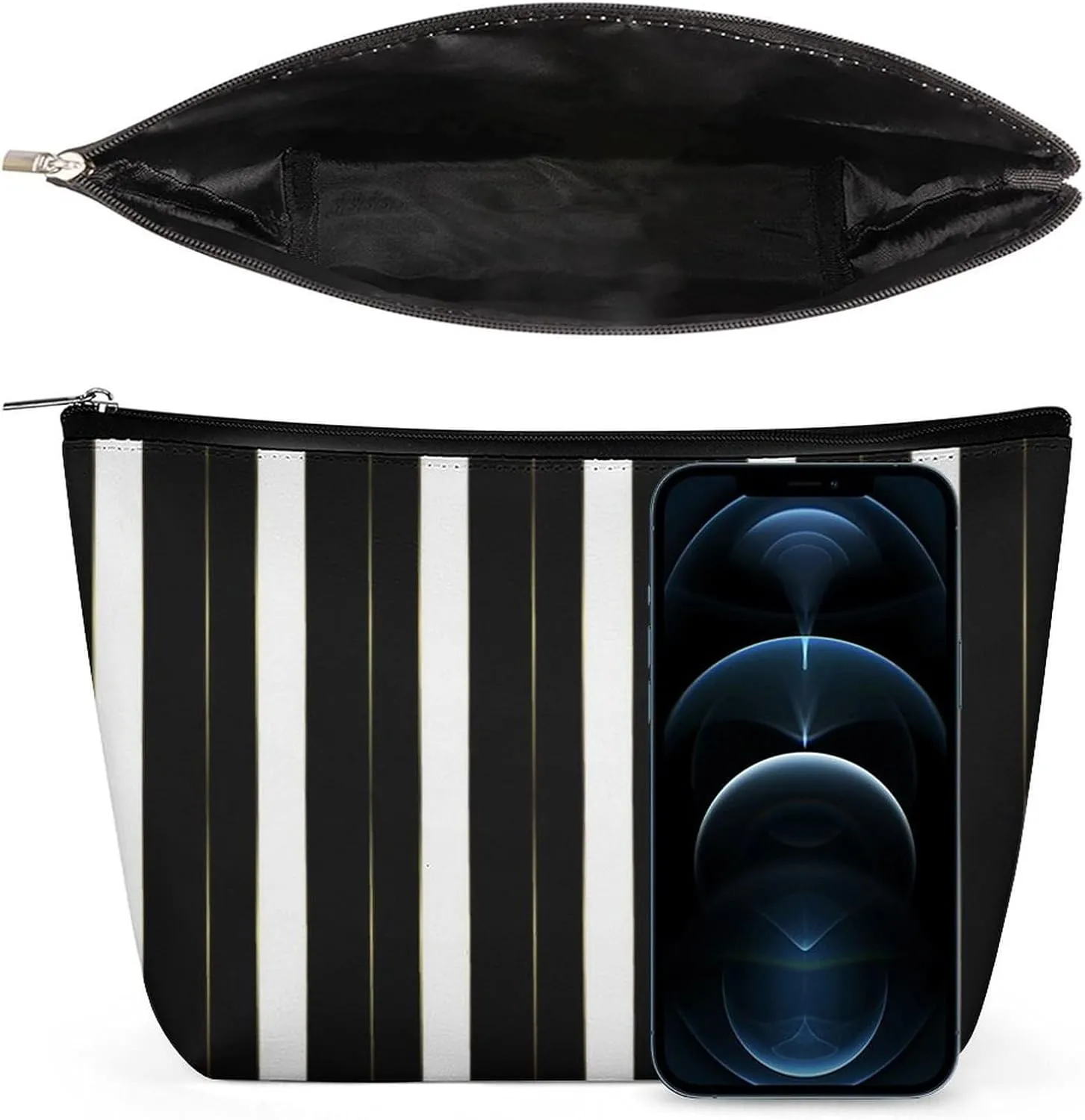 Small Cosmetic Bag, Simple Gold Black and White Geometric Stripes Makeup Bags Elegant Roomy Pouch for Women,Travel Toiletry Accessories Organizer