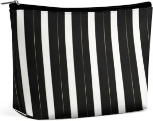 Small Cosmetic Bag, Simple Gold Black and White Geometric Stripes Makeup Bags Elegant Roomy Pouch for Women,Travel Toiletry Accessories Organizer