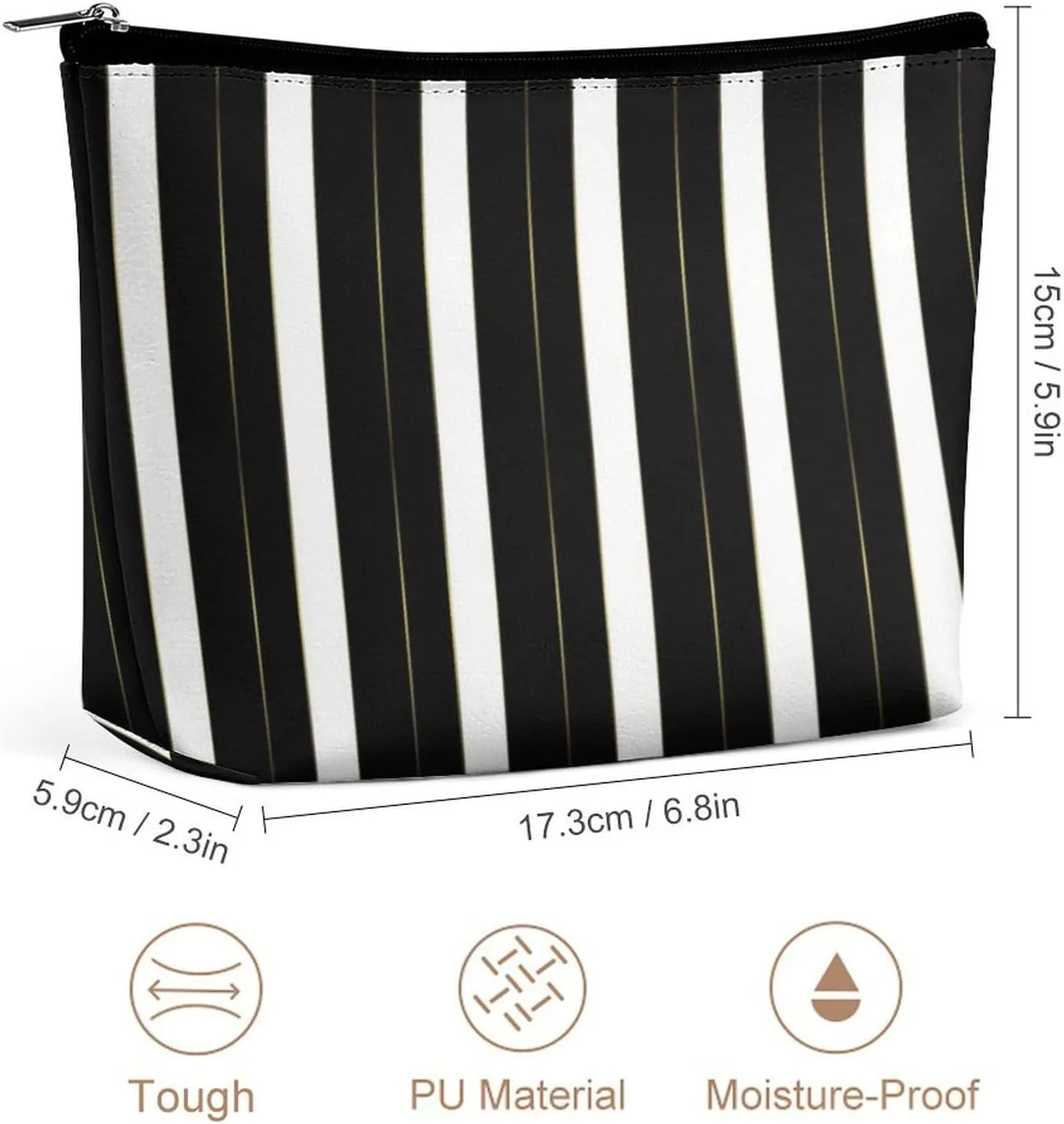 Small Cosmetic Bag, Simple Gold Black and White Geometric Stripes Makeup Bags Elegant Roomy Pouch for Women,Travel Toiletry Accessories Organizer