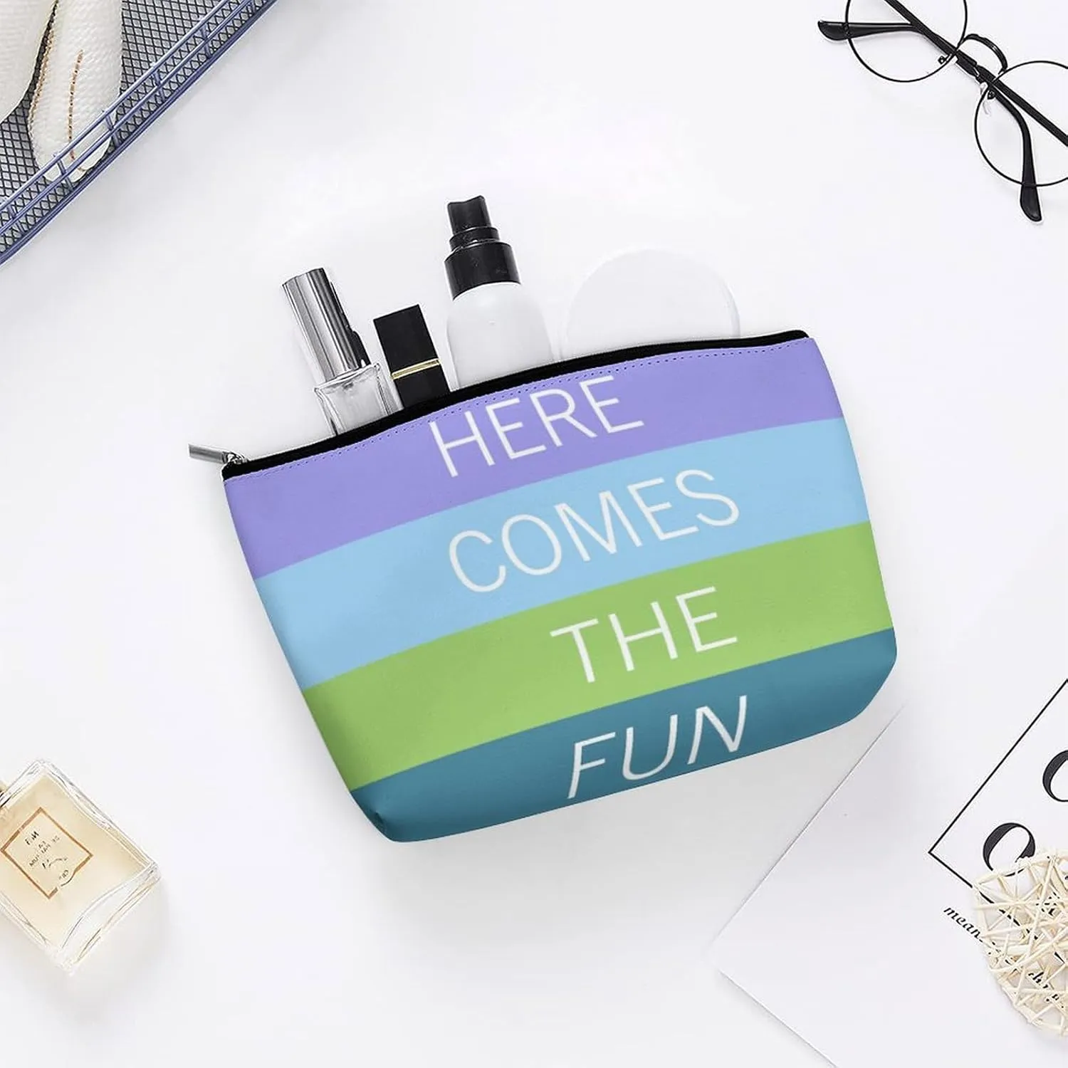 Small Cosmetic Bag, Teal Green Bright Sunny Summer Stripes Pattern Makeup Bags Elegant Roomy Pouch for Women,Travel Toiletry Accessories Organizer