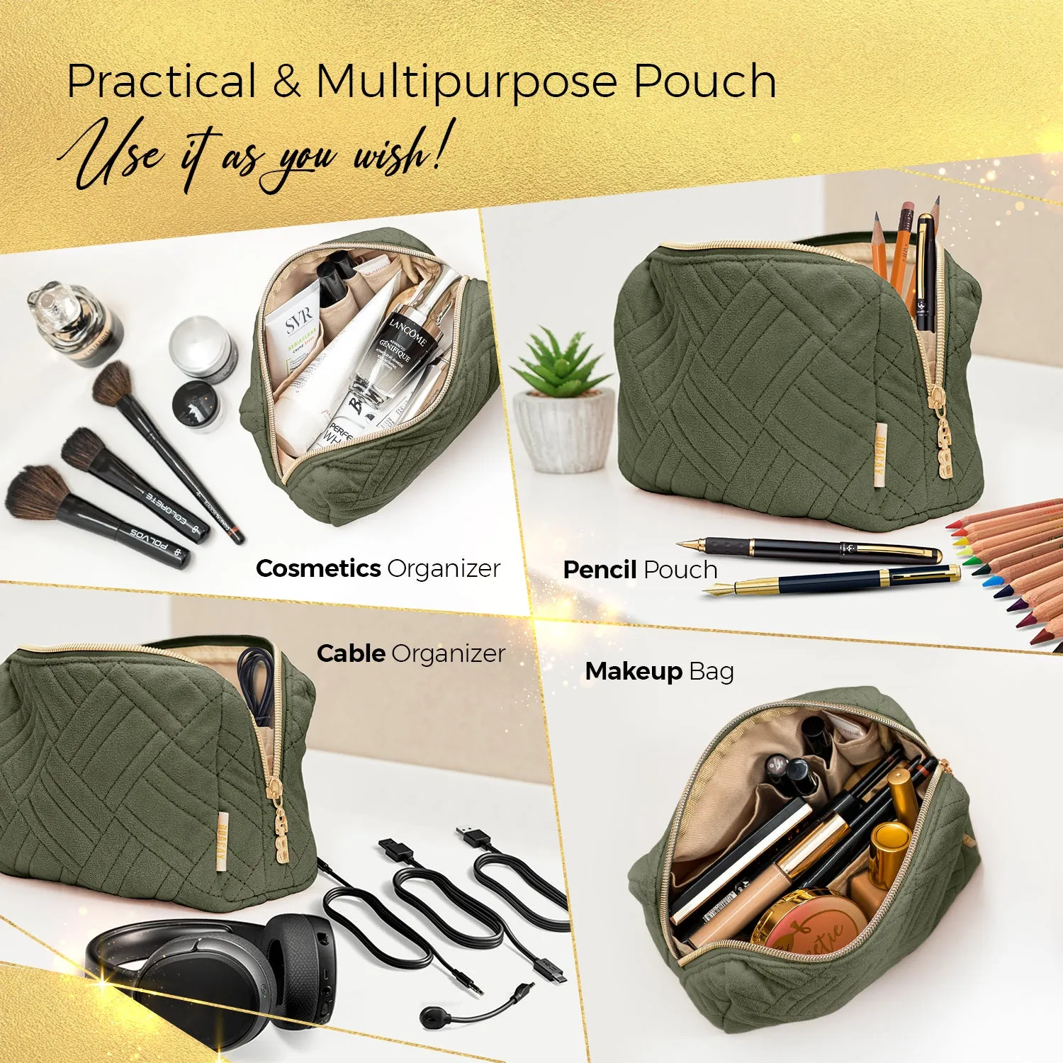 Small Embroidered Cosmetic Pouch - Olive Green