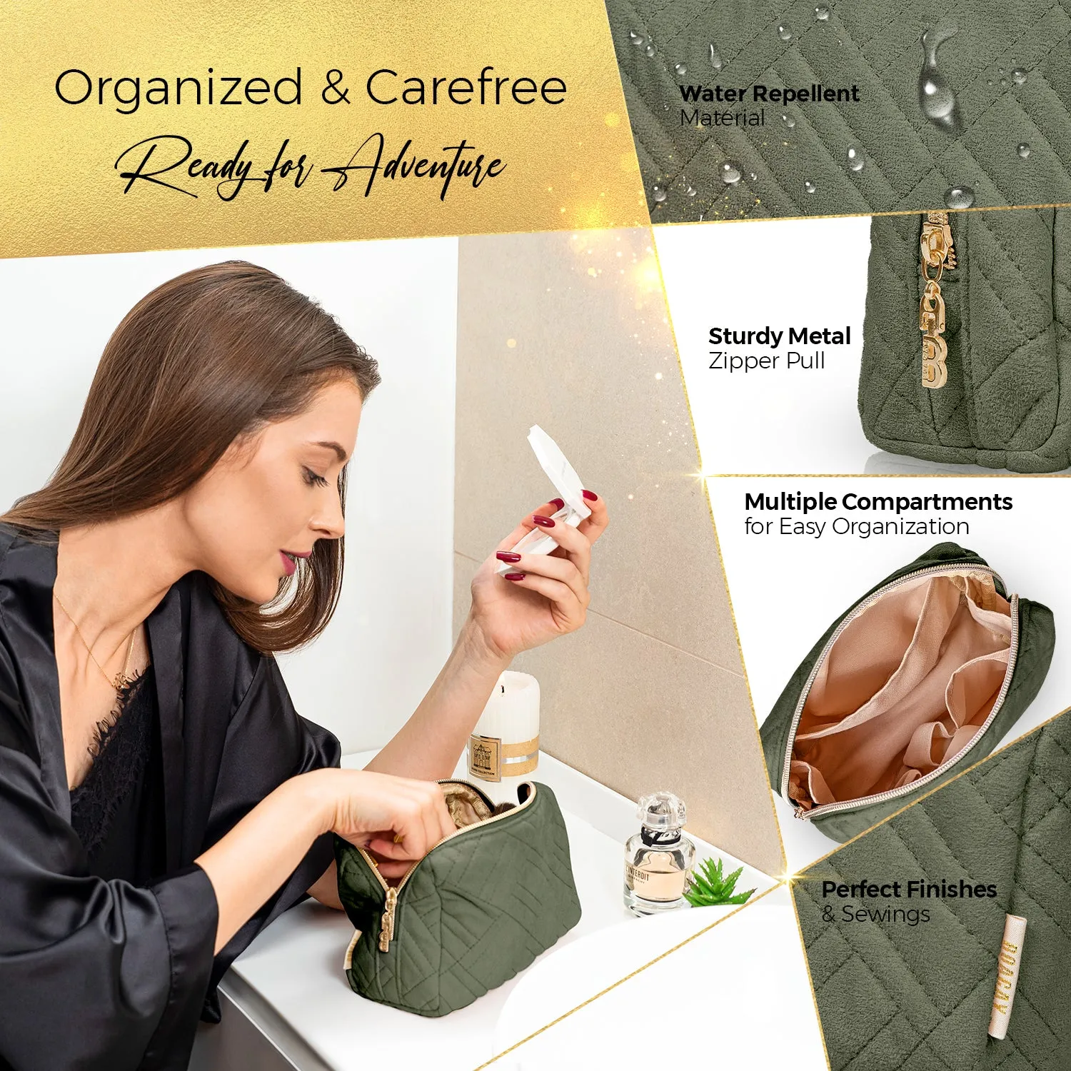 Small Embroidered Cosmetic Pouch - Olive Green