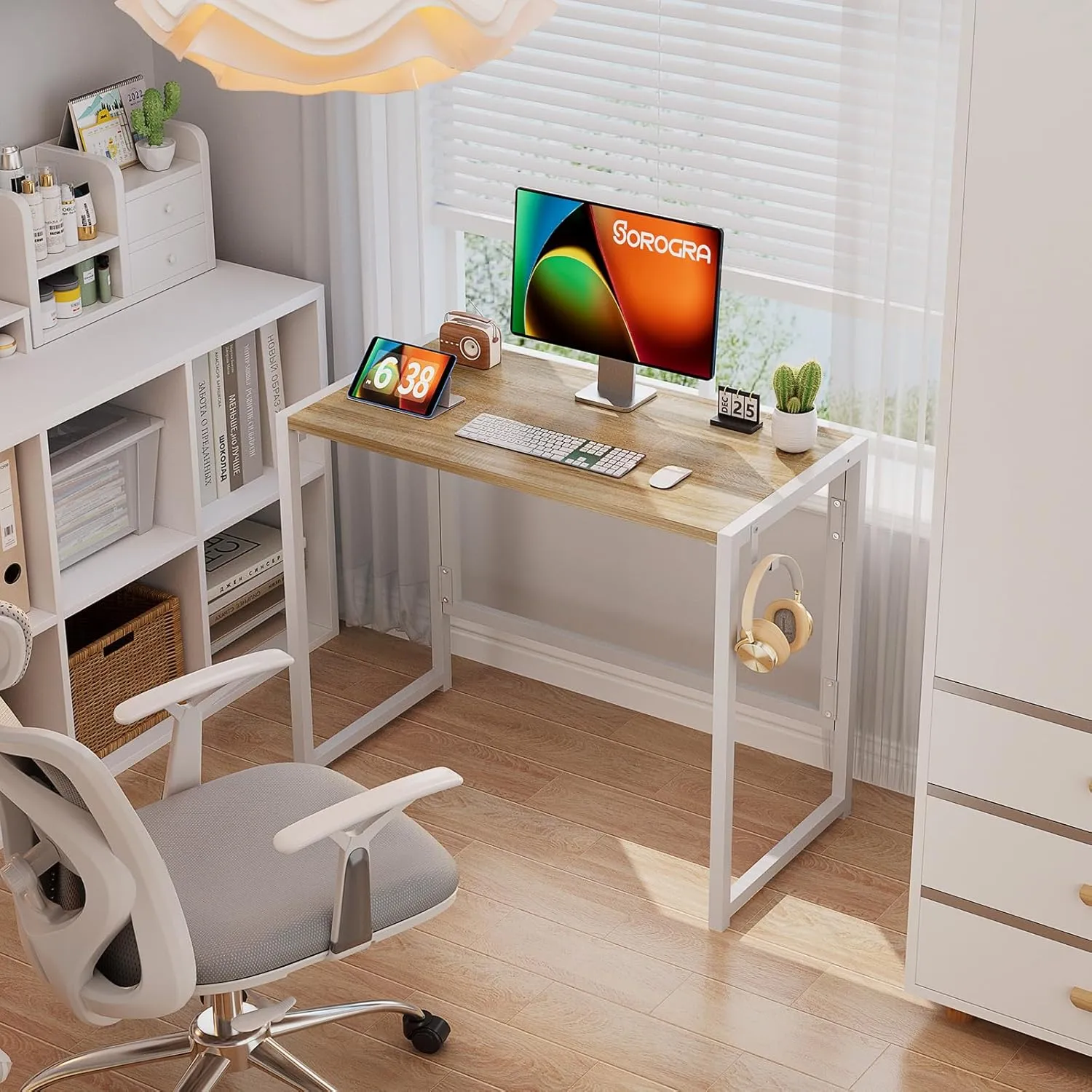 Small Folding Desk 31.5 Inch, Foldable Computer Desks with LED Lights and Monitor Stand, Work Portable Table for Bedroom Home Office, Oak