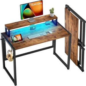 Small Folding Desk 39.4 Inch, Foldable Computer Desks with LED Lights and Monitor Stand, Work Portable Table for Bedroom Home Office, Vintage Brown