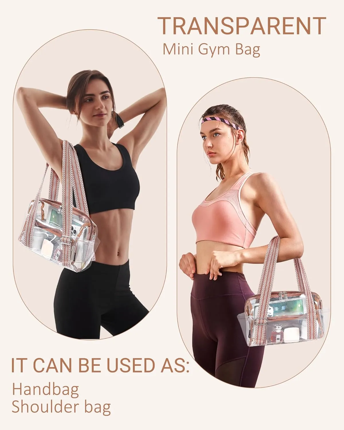 Small Gym Bag for Women, Clear Mini Duffle Bag Stadium Approved, Lightweight Waterproof Cute Tote for Girls Workout Sport Travel, Clear Brown