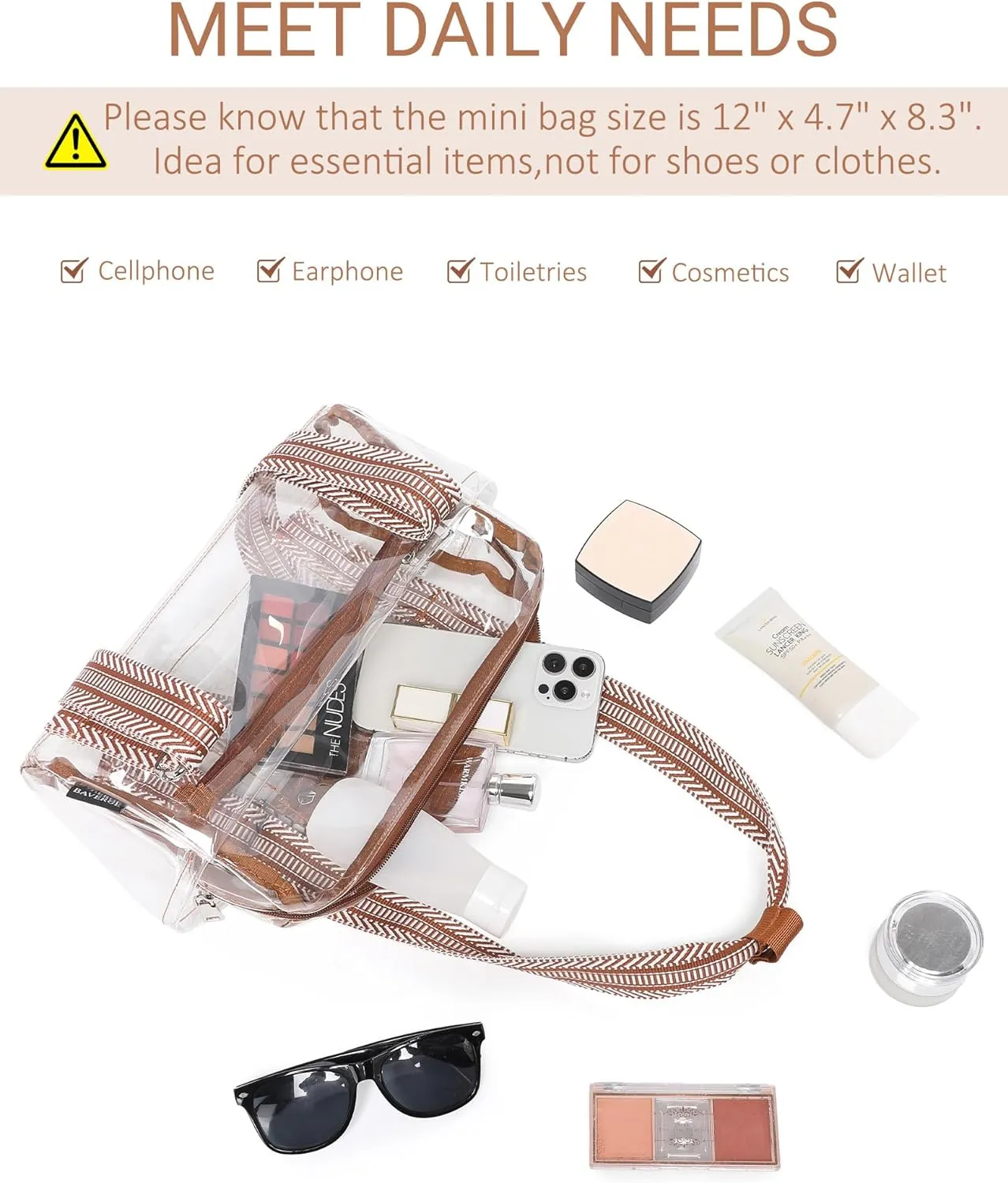Small Gym Bag for Women, Clear Mini Duffle Bag Stadium Approved, Lightweight Waterproof Cute Tote for Girls Workout Sport Travel, Clear Brown
