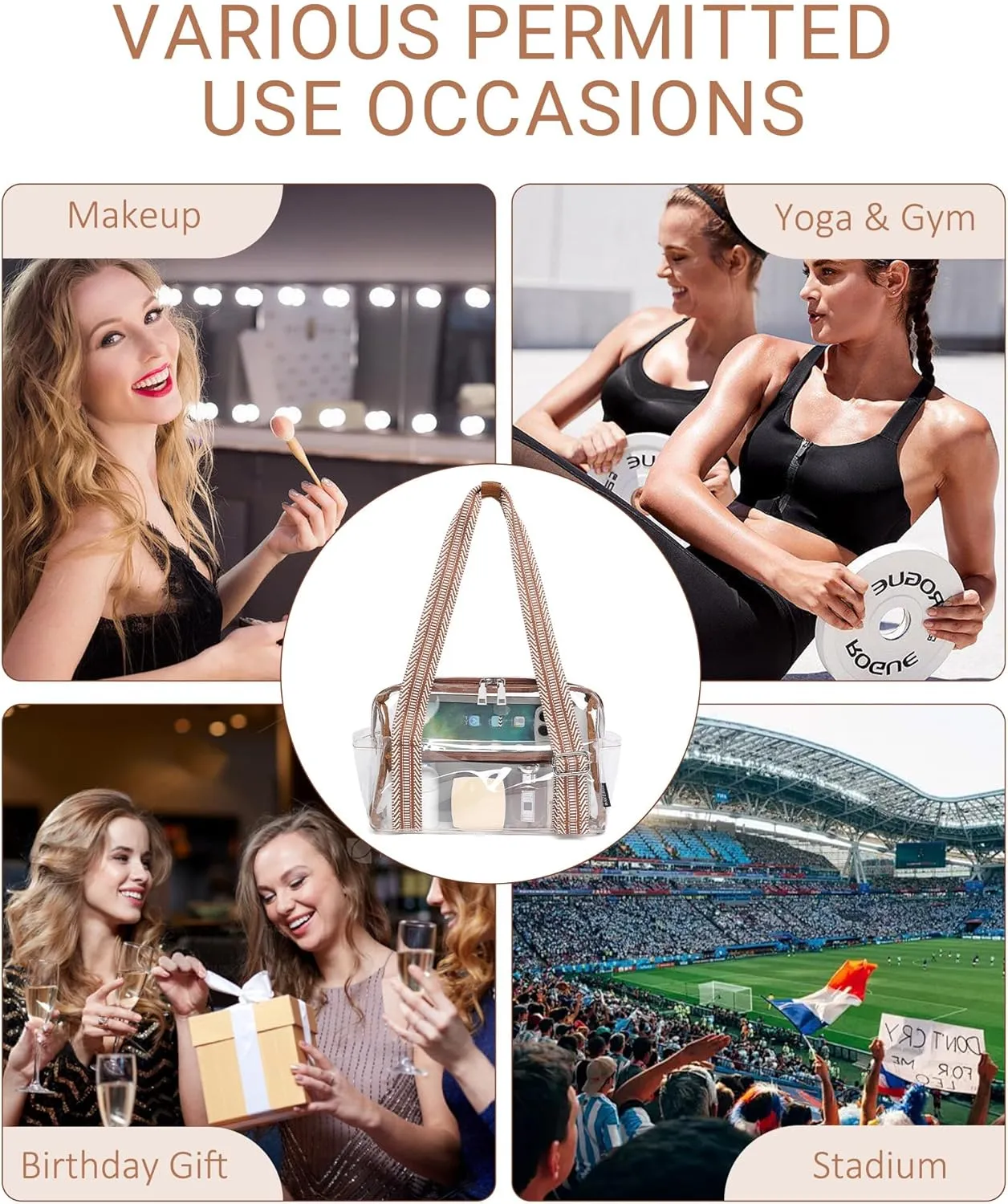 Small Gym Bag for Women, Clear Mini Duffle Bag Stadium Approved, Lightweight Waterproof Cute Tote for Girls Workout Sport Travel, Clear Brown