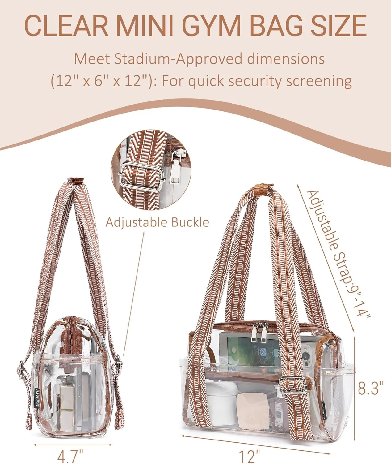 Small Gym Bag for Women, Clear Mini Duffle Bag Stadium Approved, Lightweight Waterproof Cute Tote for Girls Workout Sport Travel, Clear Brown