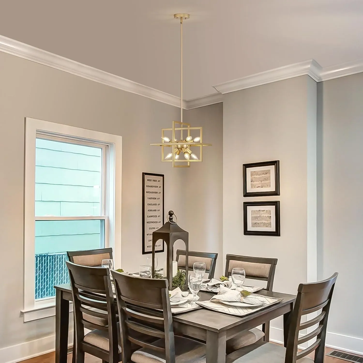 Small Modern Lantern Chandeliers,Geometric Gold Pendant Light Fixture,8-Light Industrial Hanging Chandelier for Dining Room, Living Room,Kitchen, Bedroom, Foyer, Hallway, UL Listed