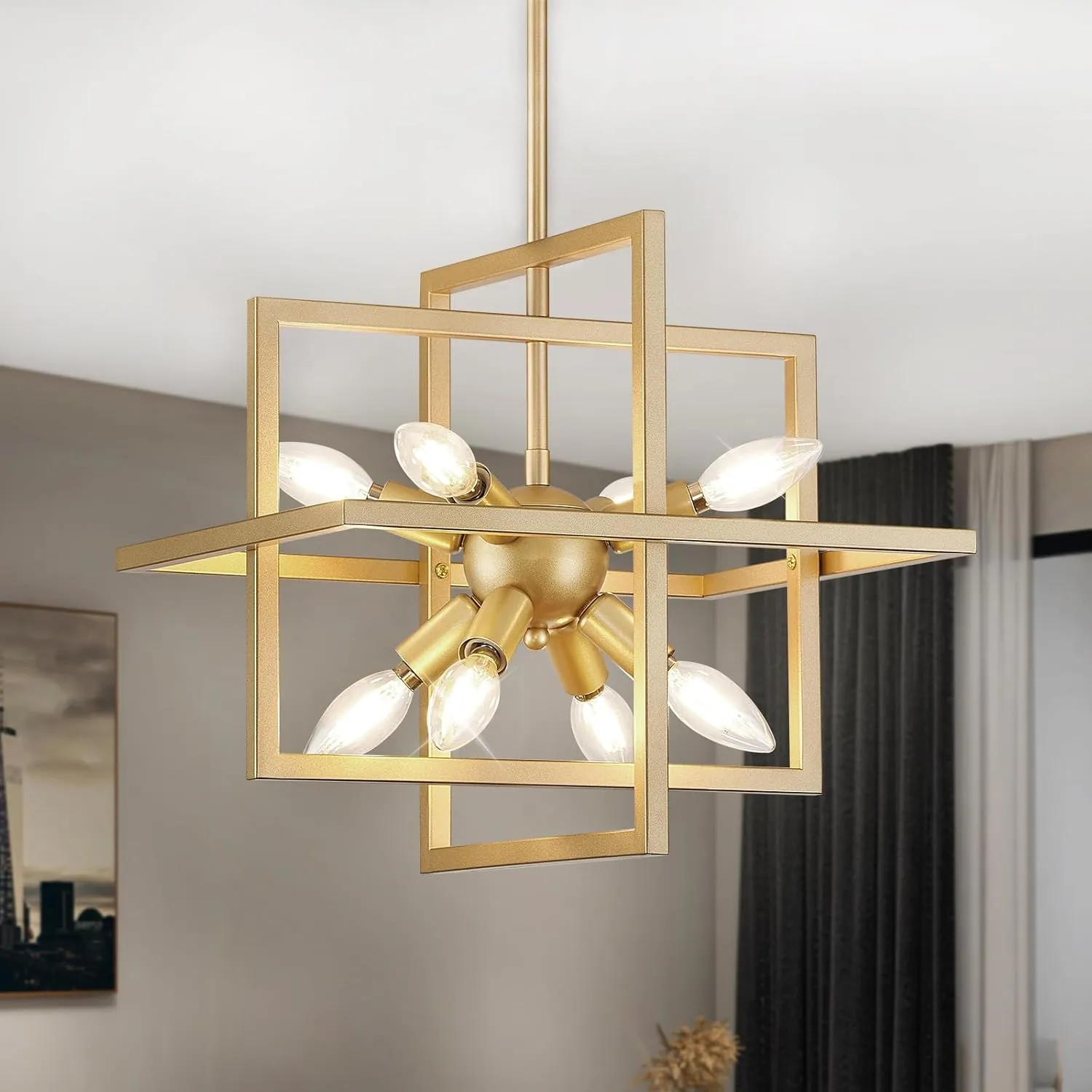 Small Modern Lantern Chandeliers,Geometric Gold Pendant Light Fixture,8-Light Industrial Hanging Chandelier for Dining Room, Living Room,Kitchen, Bedroom, Foyer, Hallway, UL Listed