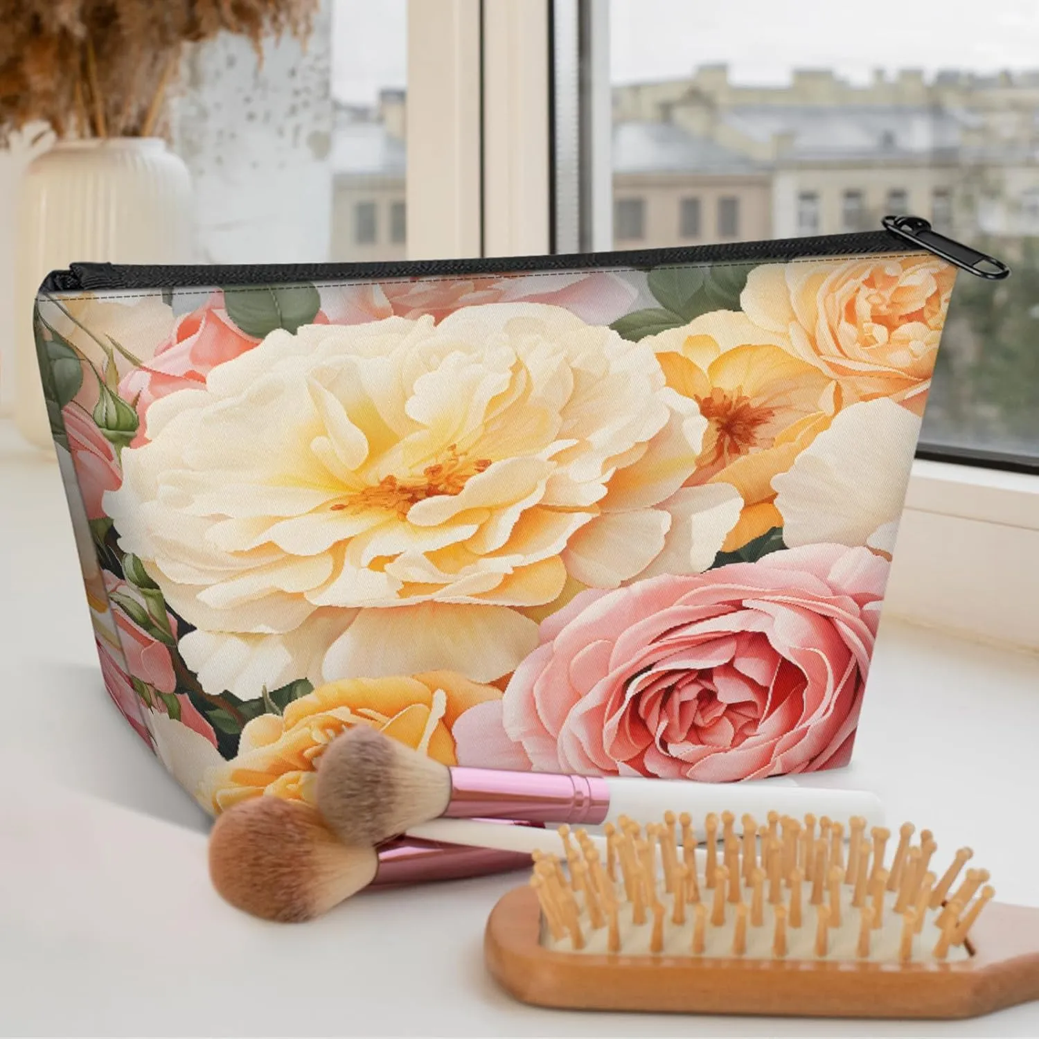 Small Travel Makeup Bag for Purse, Cute Cosmetic Bag for Women, Make Up Pouch, Summer Rose Makeup Brush Organizer Bags, Watercolor Flower Skincare Toiletry Bag