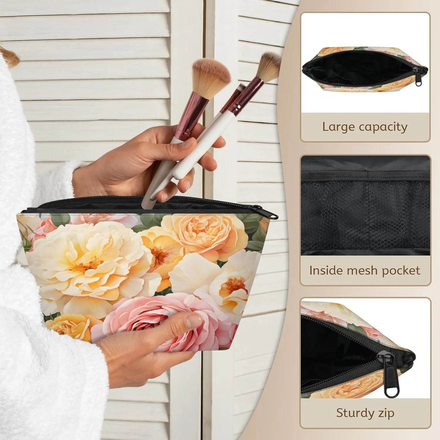 Small Travel Makeup Bag for Purse, Cute Cosmetic Bag for Women, Make Up Pouch, Summer Rose Makeup Brush Organizer Bags, Watercolor Flower Skincare Toiletry Bag