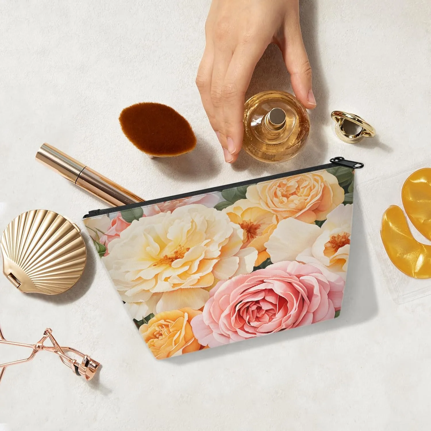Small Travel Makeup Bag for Purse, Cute Cosmetic Bag for Women, Make Up Pouch, Summer Rose Makeup Brush Organizer Bags, Watercolor Flower Skincare Toiletry Bag
