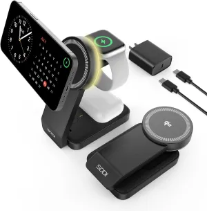 SODI Qi2-Certified 3-in-1 Foldable Wireless Charging Station with Night Light, Fast Portable Travel Charger Stand for iPhone/Android/Apple Watch/AirPods, Nightstand QI2 Charger for Multiple Devices
