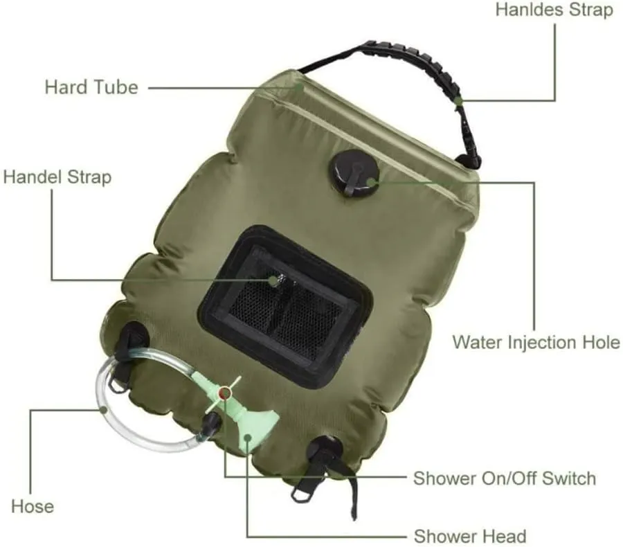 Solar Shower Bag, 20L Foldable Lightweight Portable Solar Heating Bag with On/Off Switch Shower Header for Outdoor Travel Swimming Beach Hiking Cycling