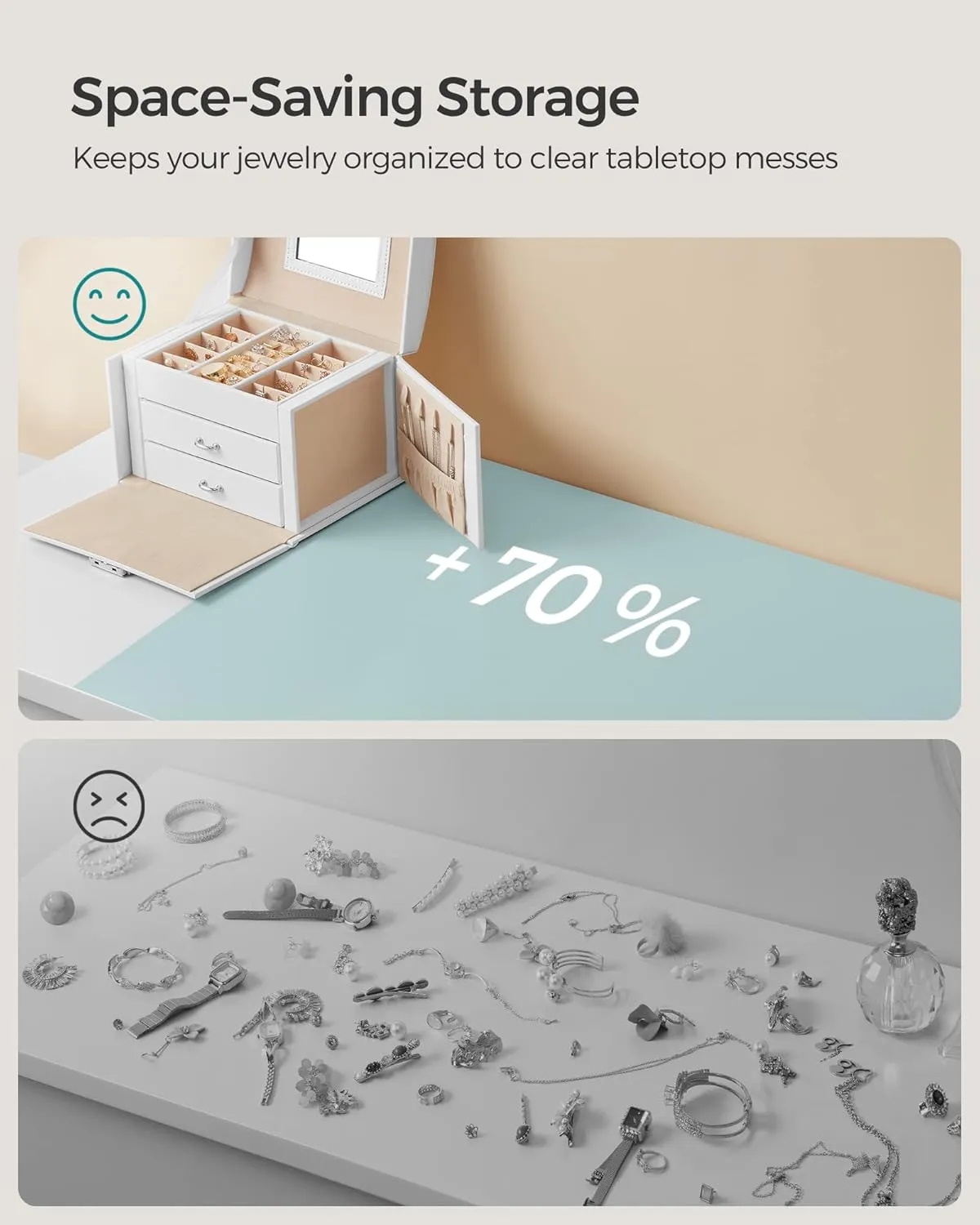 SONGMICS 3-Tier Jewelry Box, Travel Jewelry Case with Handle, 2 Drawers, Lockable Jewelry Organizer with Mirror, Jewelry Storage, Modern Style, Gift for Loved Ones, White UJBC154W01