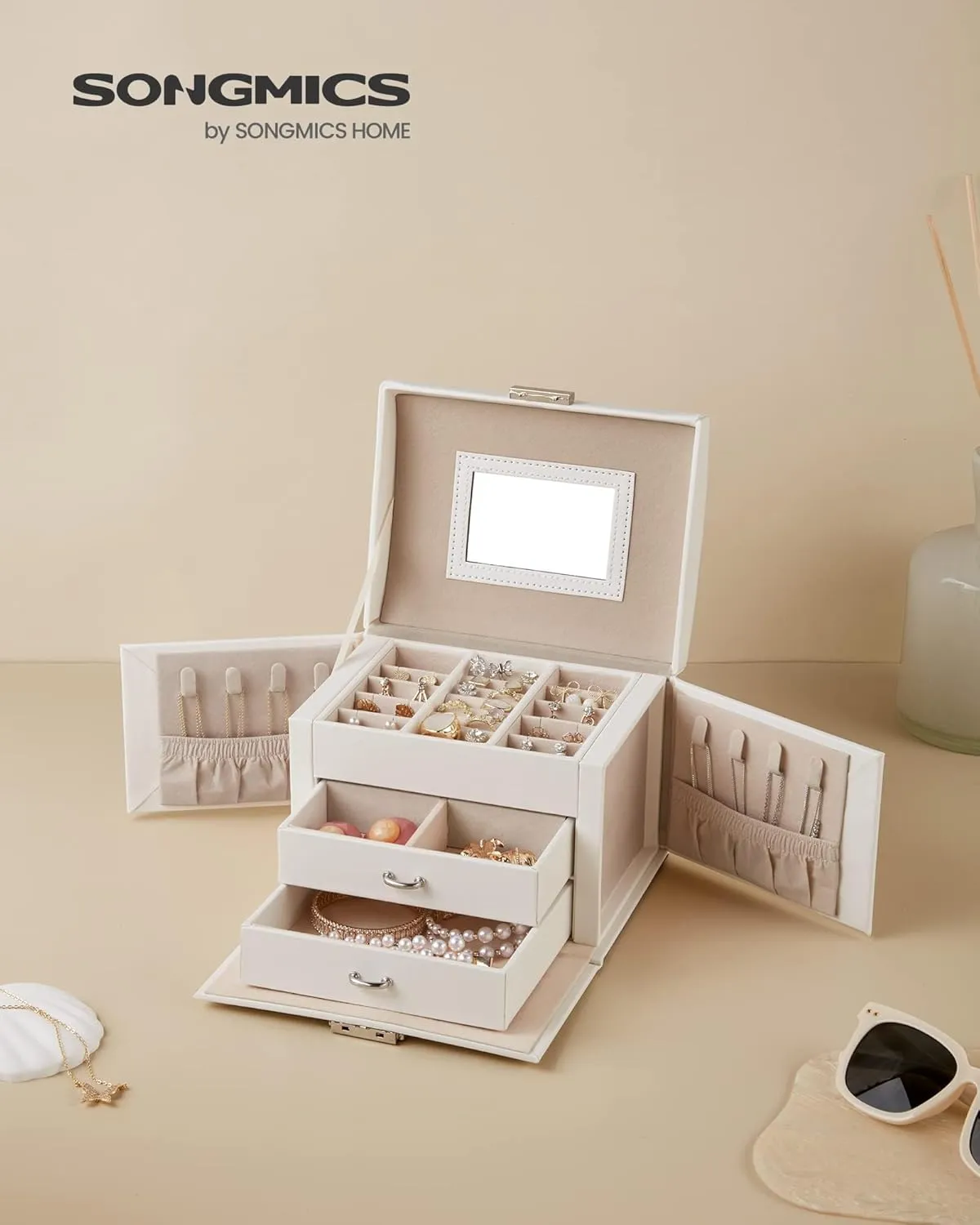 SONGMICS 3-Tier Jewelry Box, Travel Jewelry Case with Handle, 2 Drawers, Lockable Jewelry Organizer with Mirror, Jewelry Storage, Modern Style, Gift for Loved Ones, White UJBC154W01