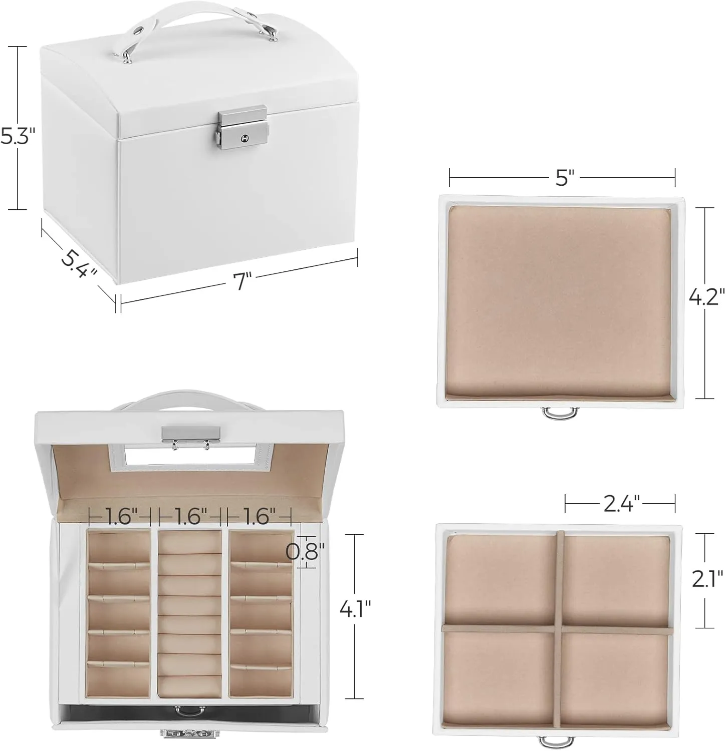 SONGMICS 3-Tier Jewelry Box, Travel Jewelry Case with Handle, 2 Drawers, Lockable Jewelry Organizer with Mirror, Jewelry Storage, Modern Style, Gift for Loved Ones, White UJBC154W01