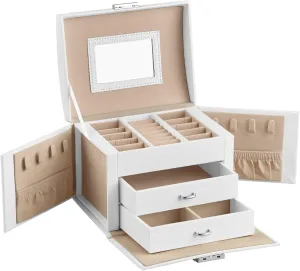 SONGMICS 3-Tier Jewelry Box, Travel Jewelry Case with Handle, 2 Drawers, Lockable Jewelry Organizer with Mirror, Jewelry Storage, Modern Style, Gift for Loved Ones, White UJBC154W01