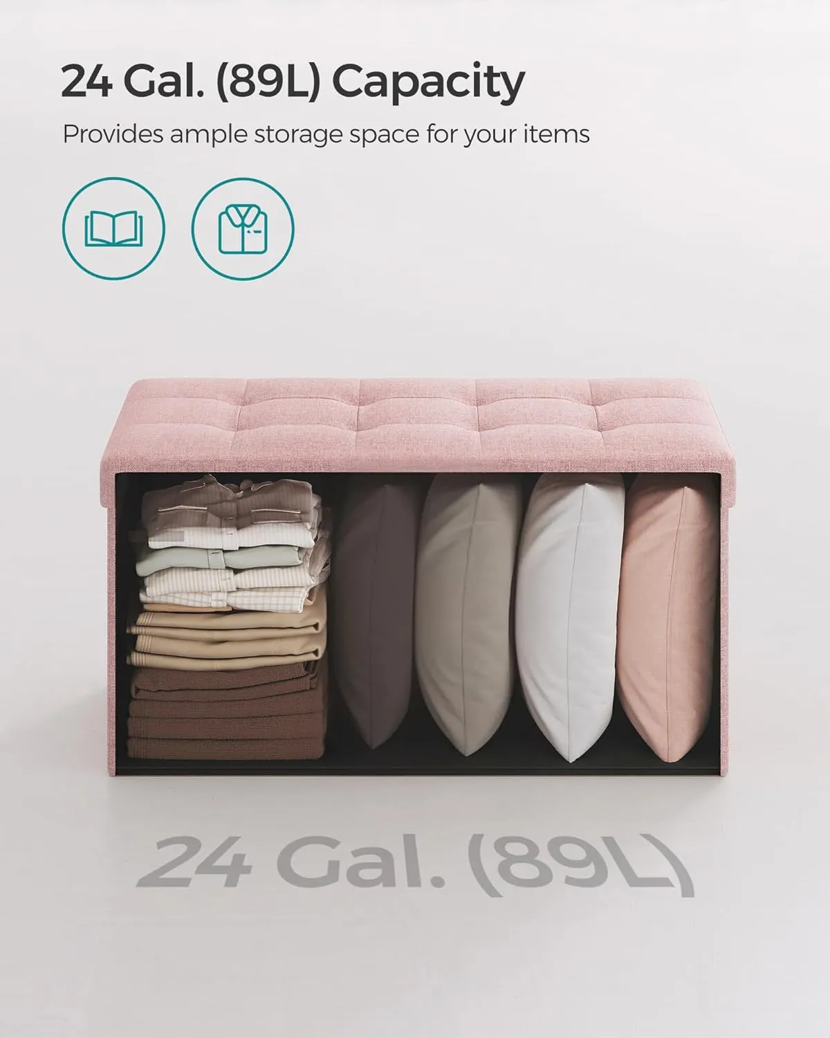 SONGMICS Mazie Collection - 30 Inches Folding Storage Ottoman Bench, Ottoman Foot Rest, End of Bed Bench, Storage Chest, Load 660 lb, for Living Room, Bedroom, Entryway, Jelly Pink ULSF047R11