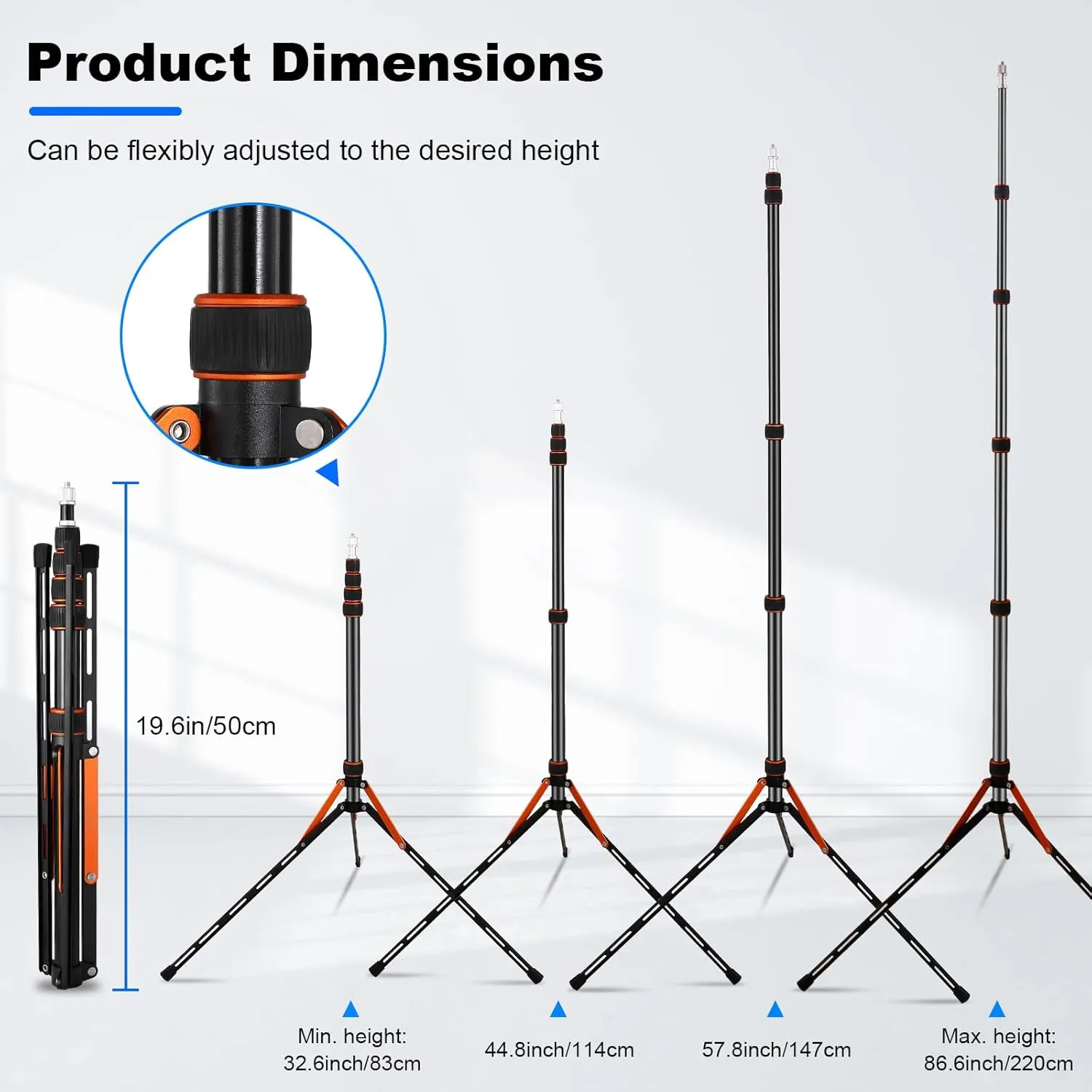 Soopho Portable Photography Light Stand Adjustable 7ft Aluminum Light Tripod Stand with 180° Reversible Leg Reversible Portable Studio Lighting Tripod ，Maximum Height 86.5“/220cm for Flsah Softboxes