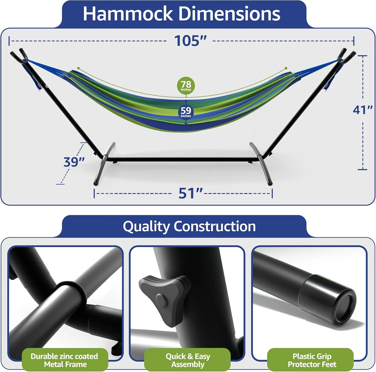 Sorbus 2-Person Hammock with Stand – 60" Cotton Blend Bed, Heavy Duty 450lbs Capacity, Portable with Carrying Case – for Garden, Patio, Outdoor, Camping, Gifts – Washable