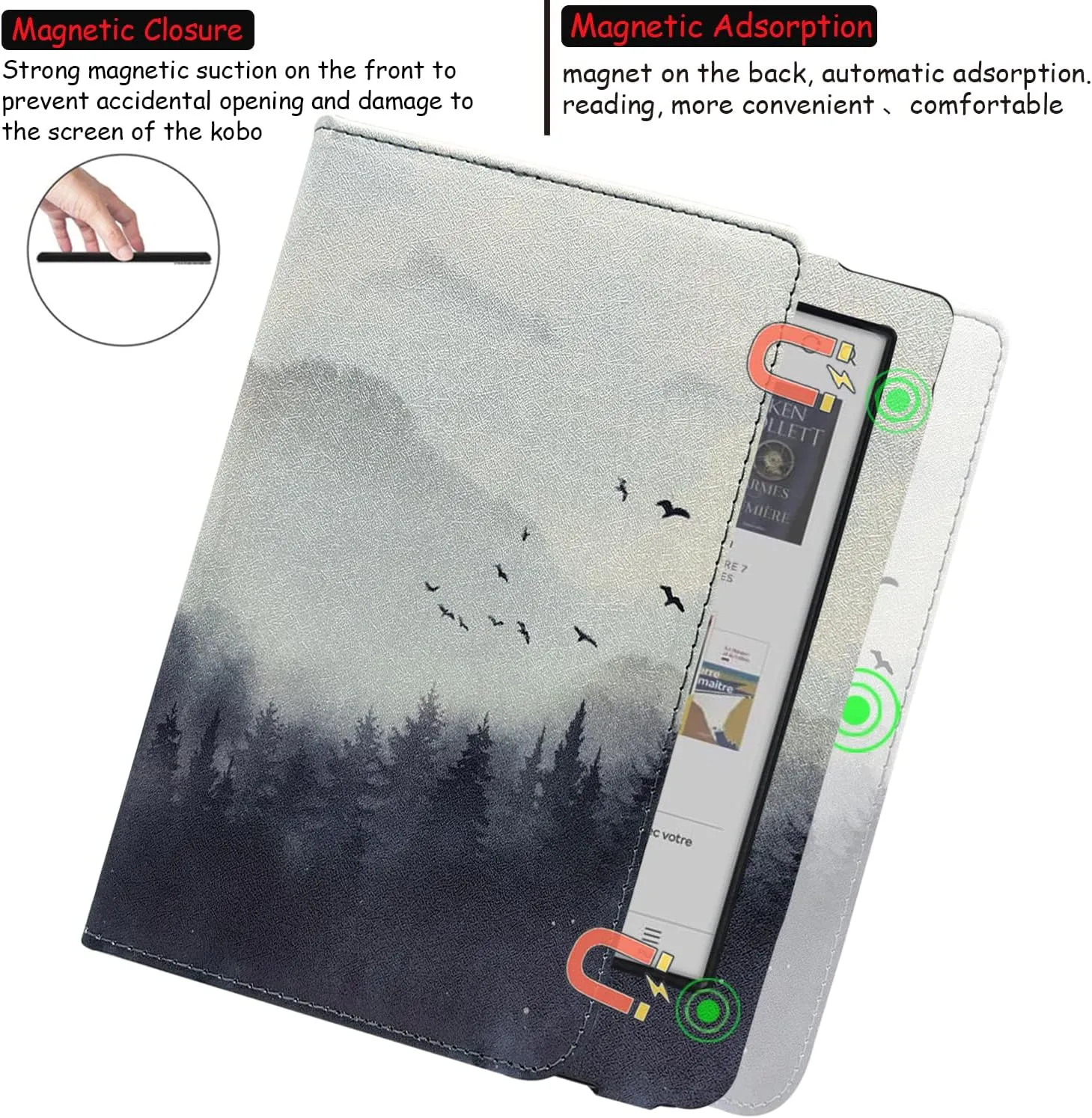 Stand Case for 6" Kobo Clara/Clara 2E Cover (Model N367 / N506) with Auto Sleep&Wake/Double Hand Strap/Magnetic Closure (Misty Forest)