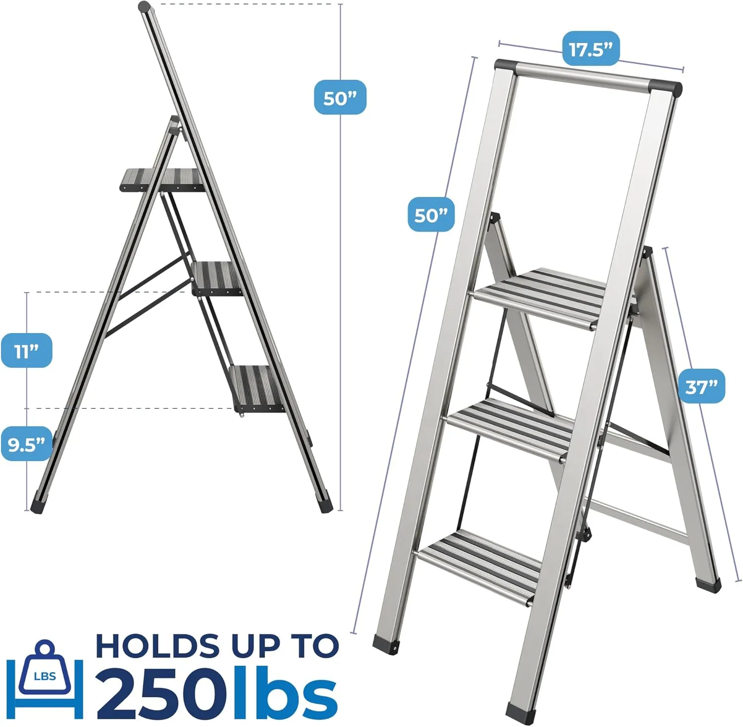 Step Ladder 3 Step Folding, Decorative - Modern Beautiful Aluminum, Ultra Slim Profile, Anti Slip Steps, Sturdy-Portable for Home, Office, Kitchen, Photography Use,by SORFEY