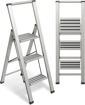 Step Ladder 3 Step Folding, Decorative - Modern Beautiful Aluminum, Ultra Slim Profile, Anti Slip Steps, Sturdy-Portable for Home, Office, Kitchen, Photography Use,by SORFEY