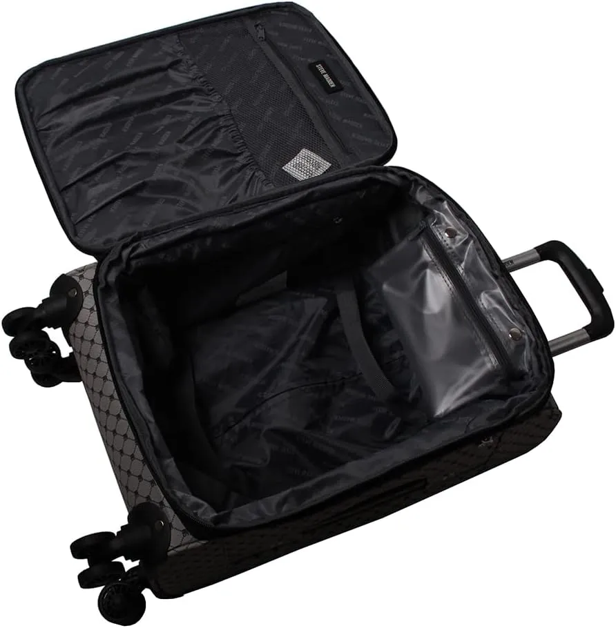 Steve Madden Designer Luggage Collection - Lightweight 24 Inch Expandable Softside Suitcase - Mid-size Rolling 4-Spinner Wheels Checked Bag (Noble Black/Grey, 24in)